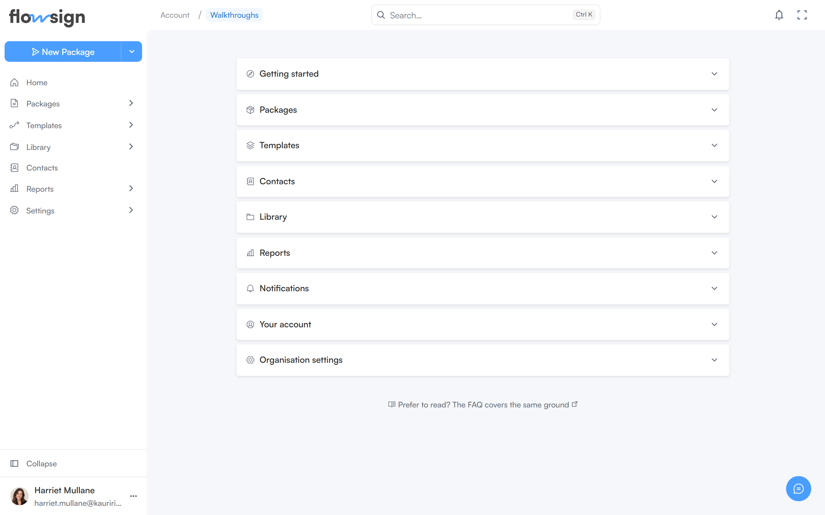 The walkthroughs page listing available product tours
