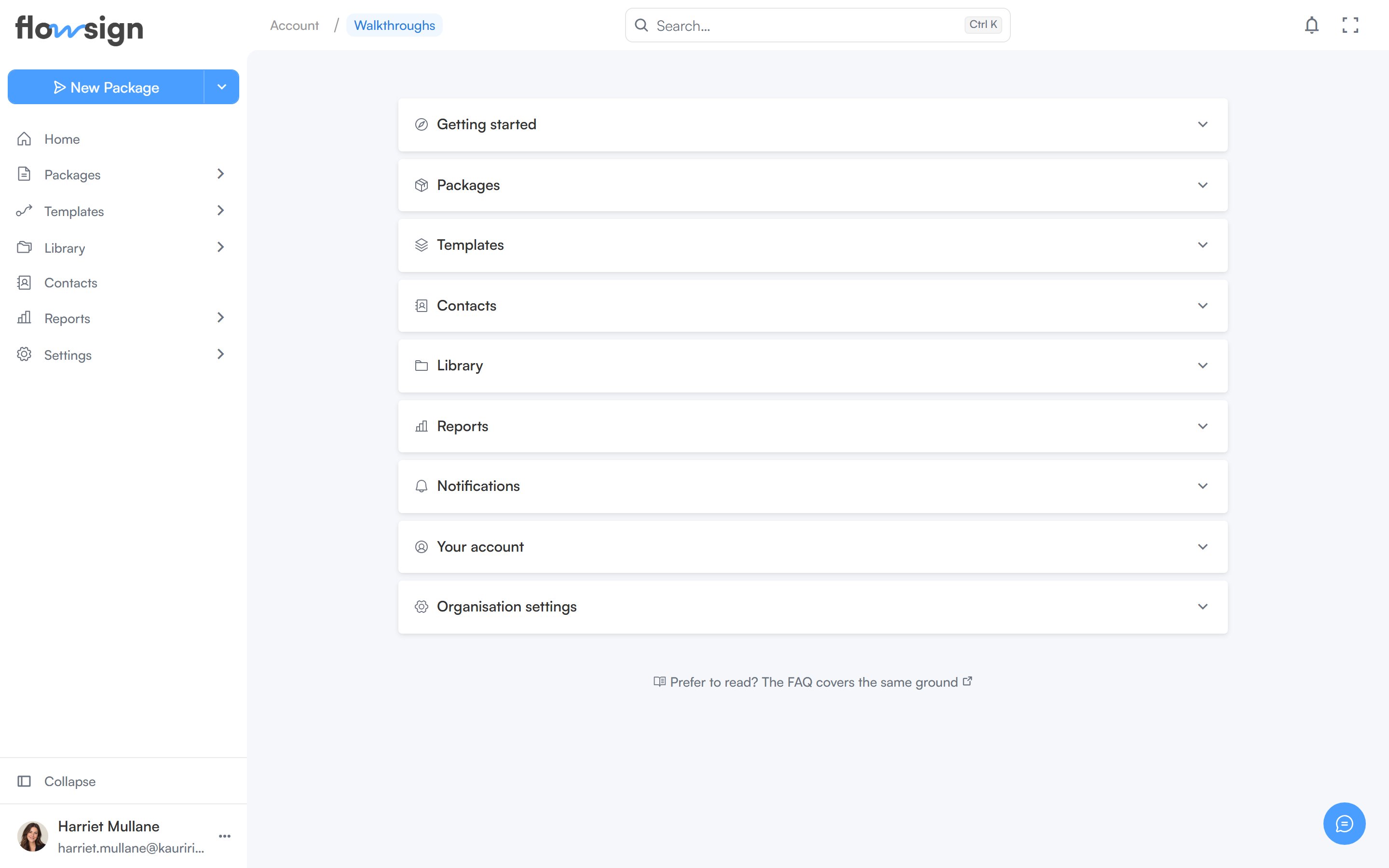 The walkthroughs page listing available product tours