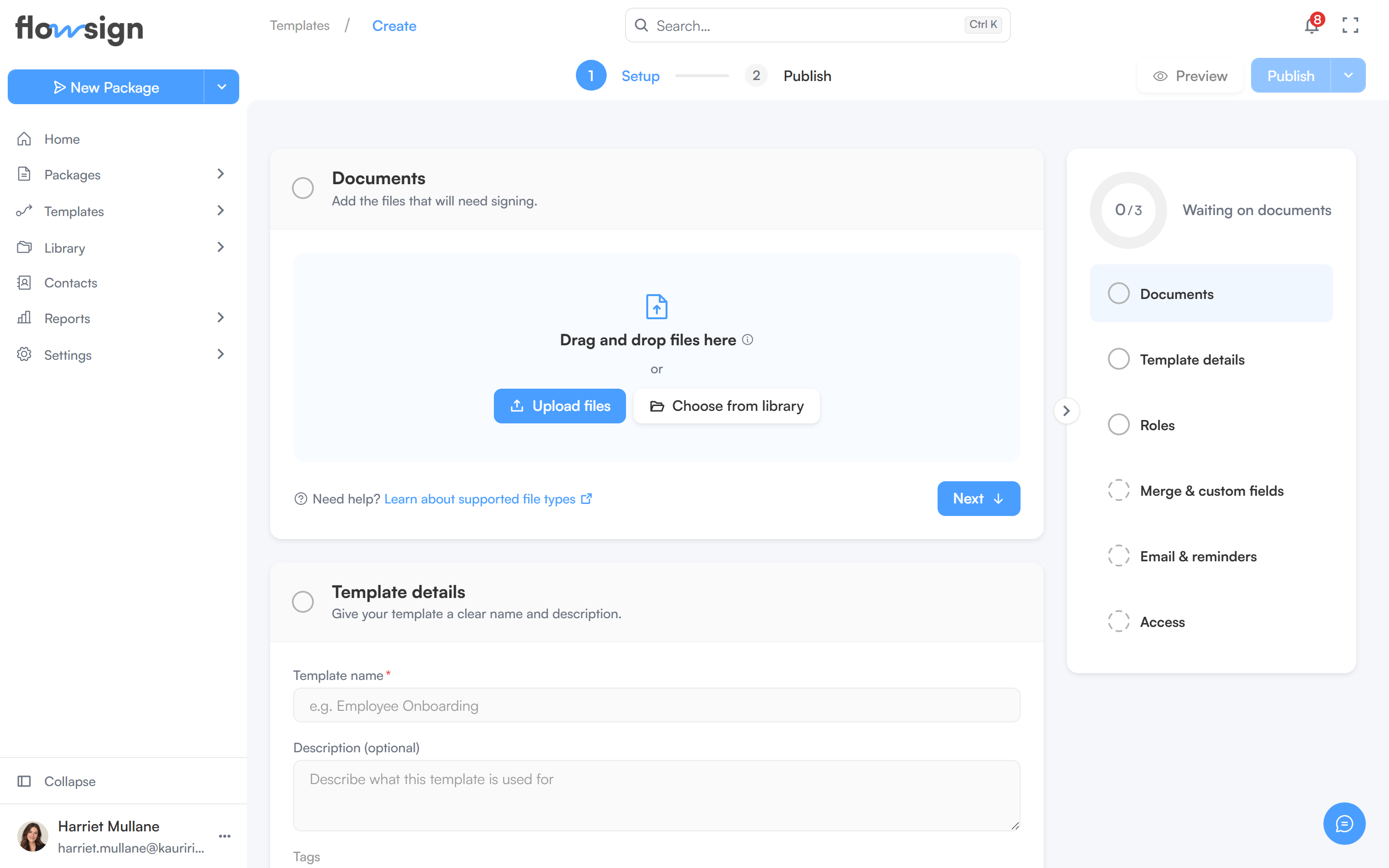 The template builder showing a template's roles and documents