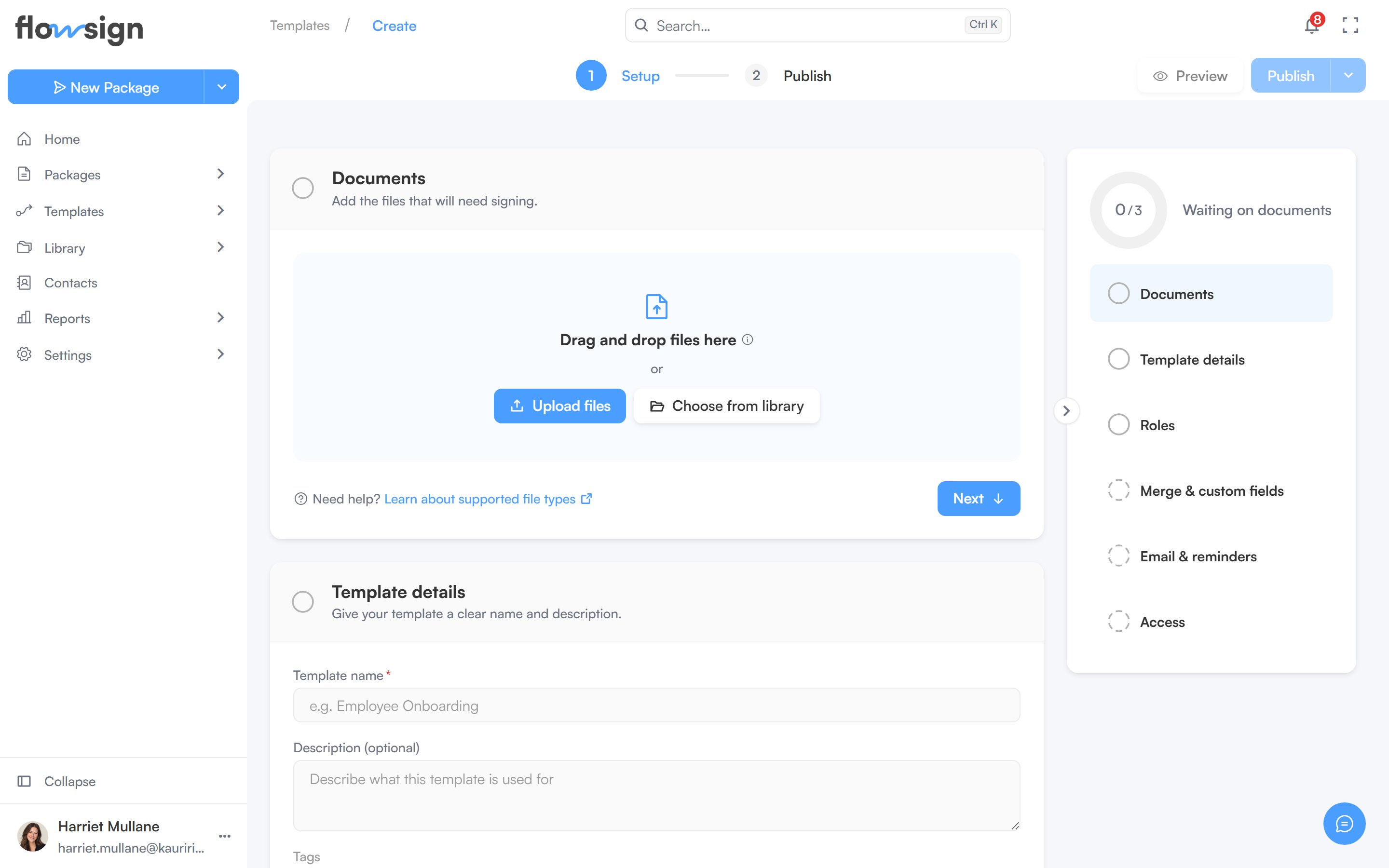 The template builder showing a template's roles and documents