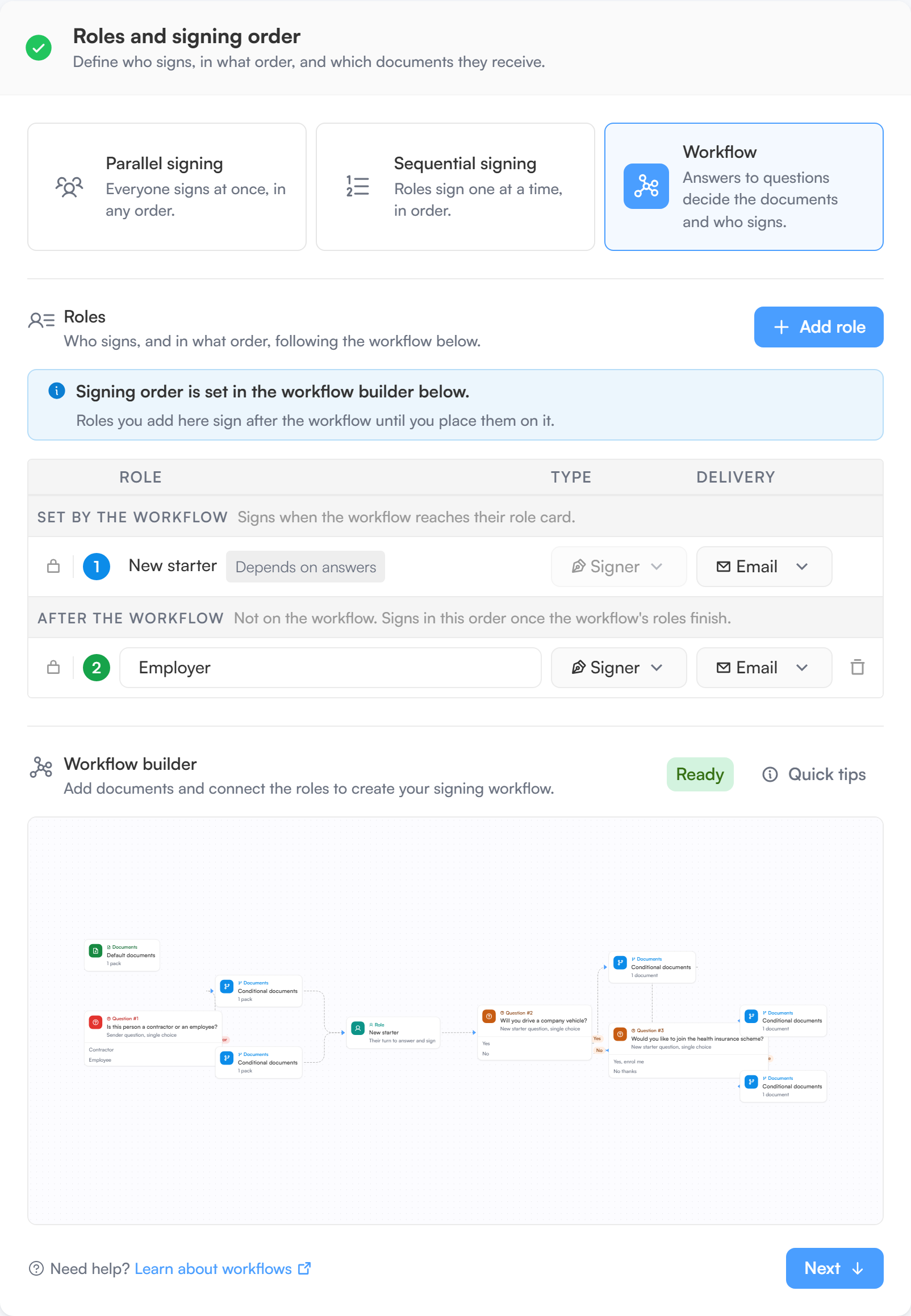 The Roles section listing each role's type and delivery, above the Workflow builder card