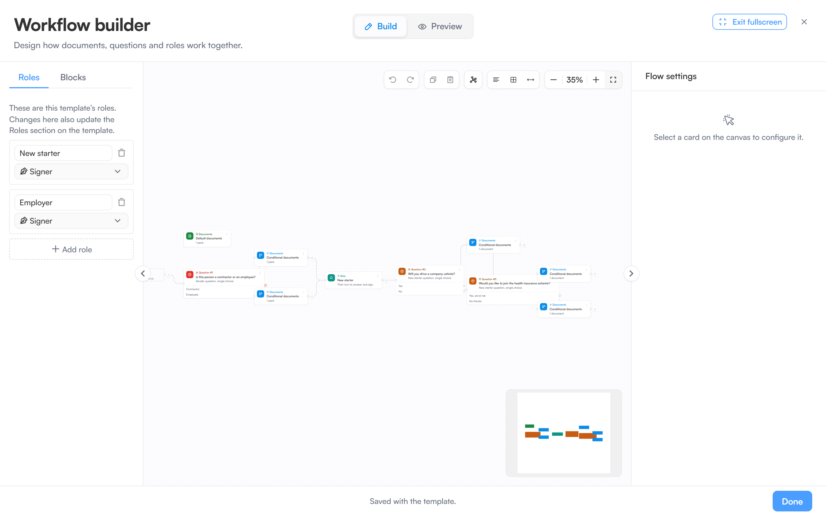 The workflow builder canvas showing a question, role and documents cards wired together