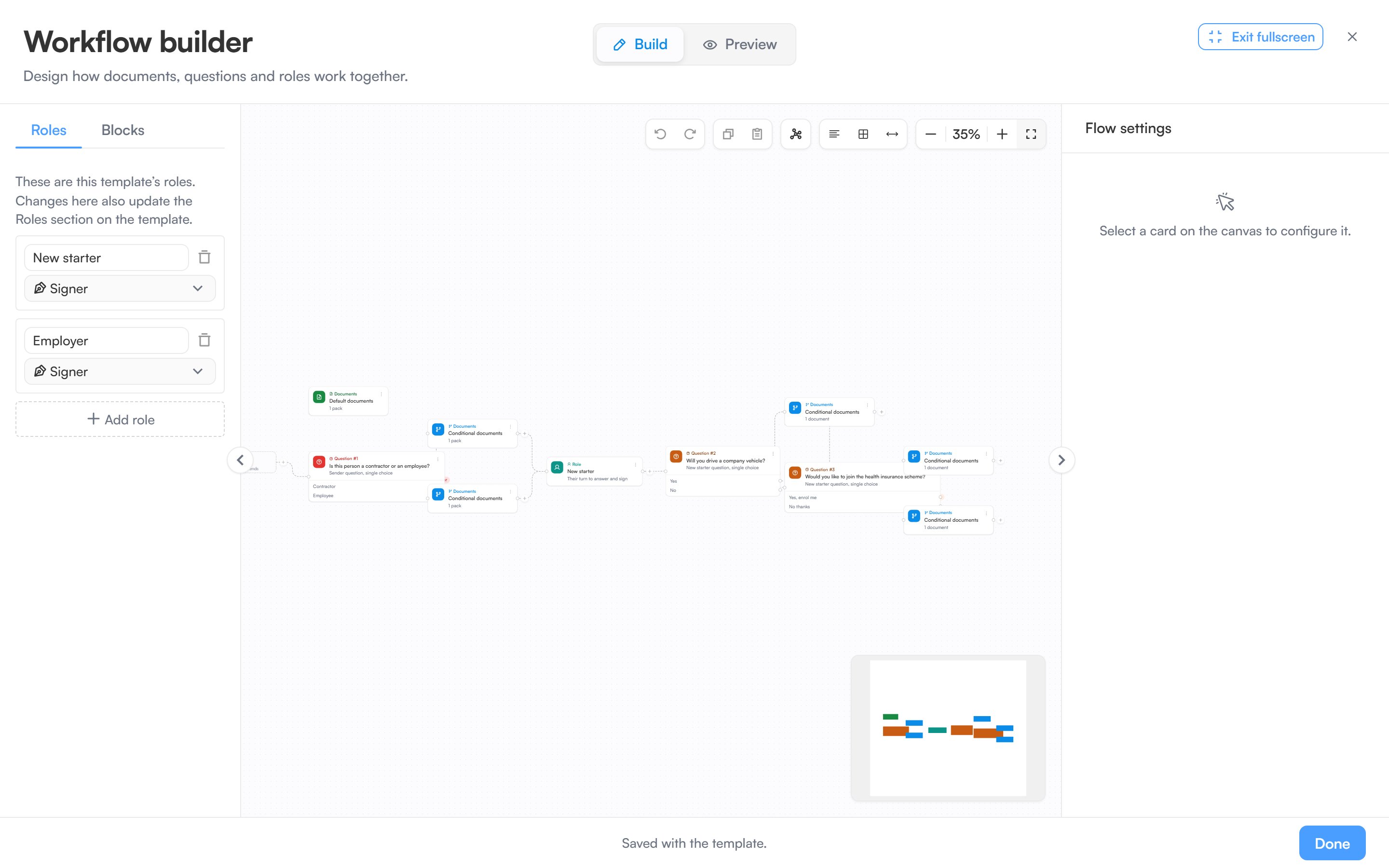 The workflow builder canvas showing a question, role and documents cards wired together