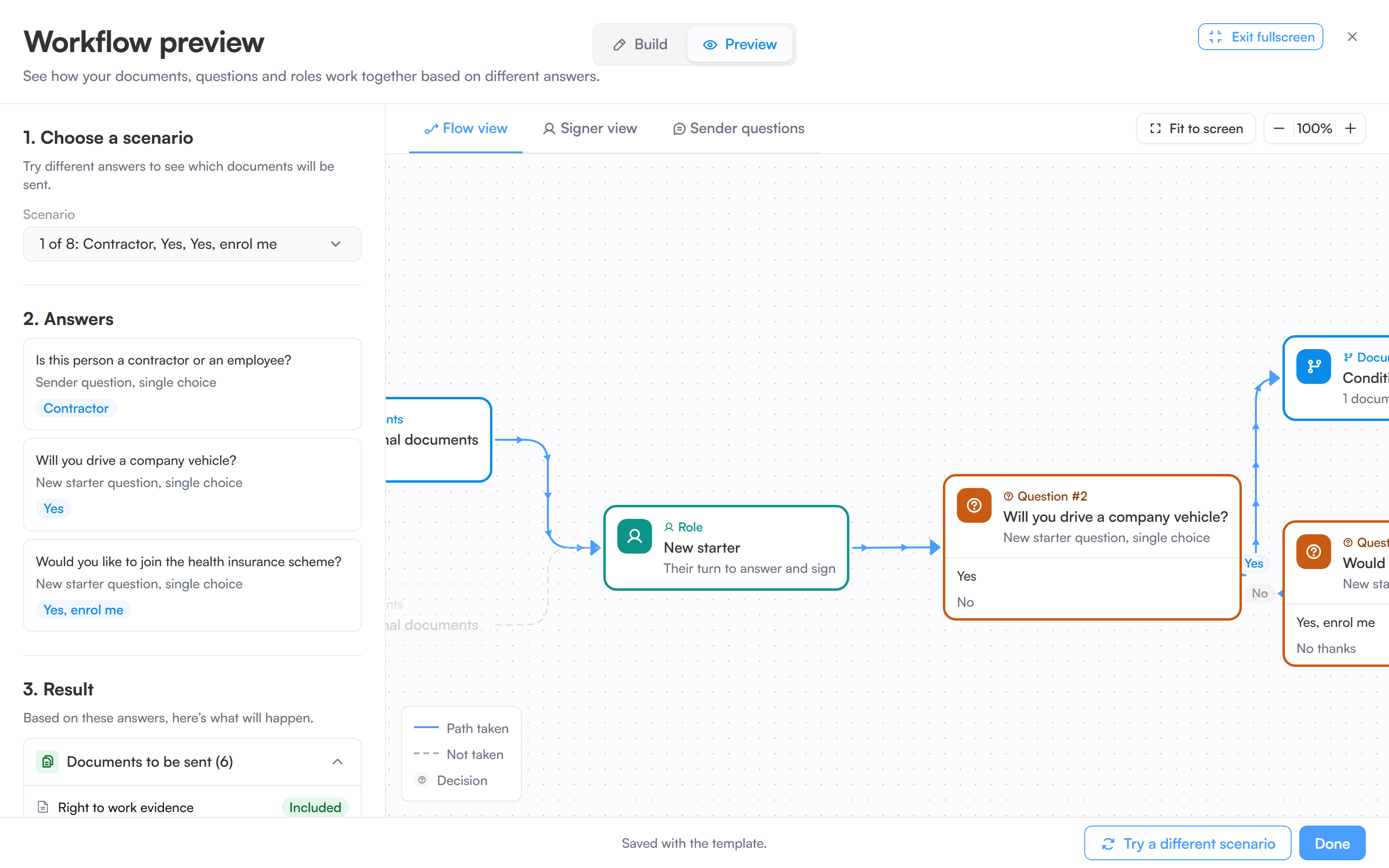 The workflow builder in Preview mode with the scenario summary beside the canvas