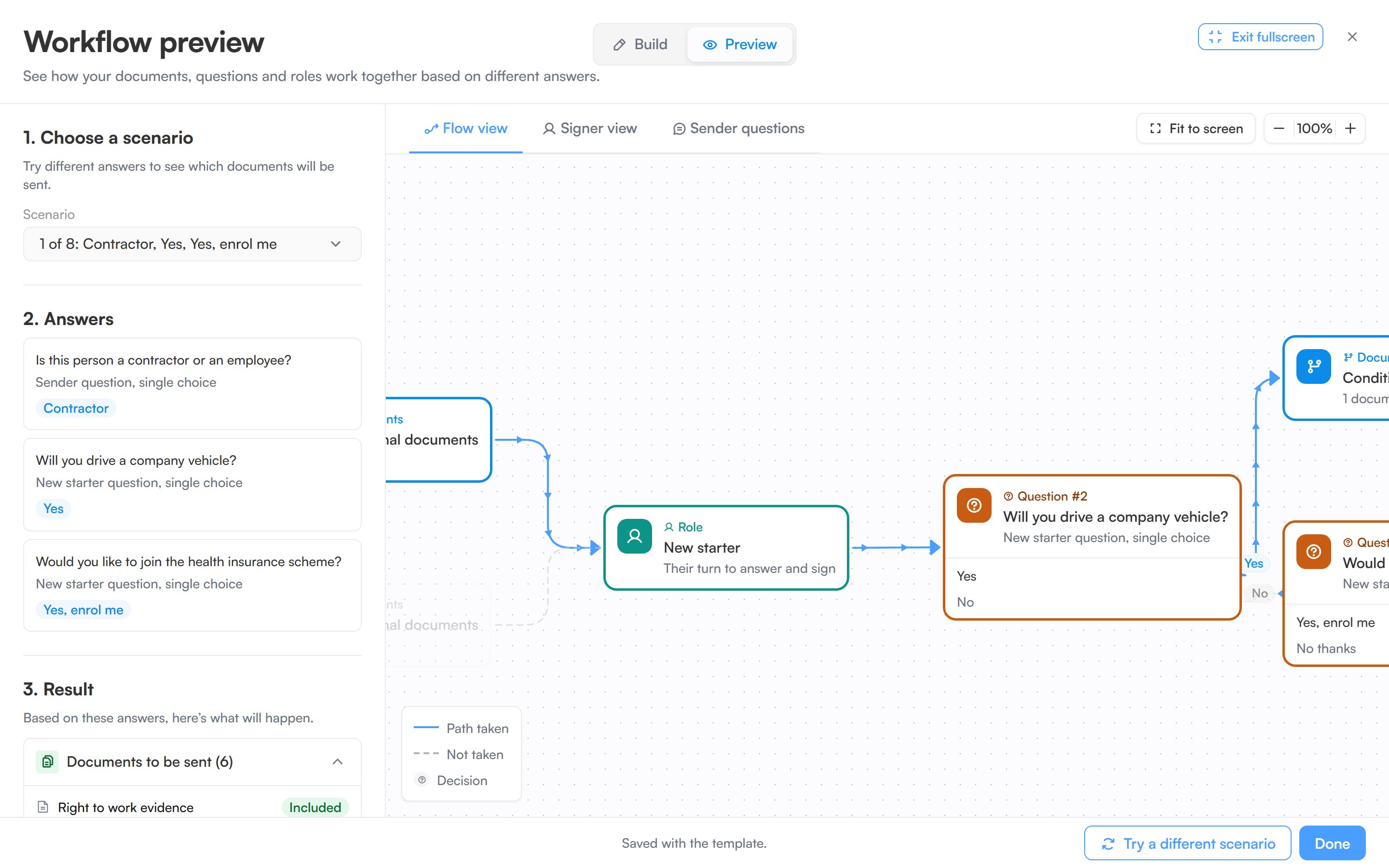 The workflow builder in Preview mode with the scenario summary beside the canvas