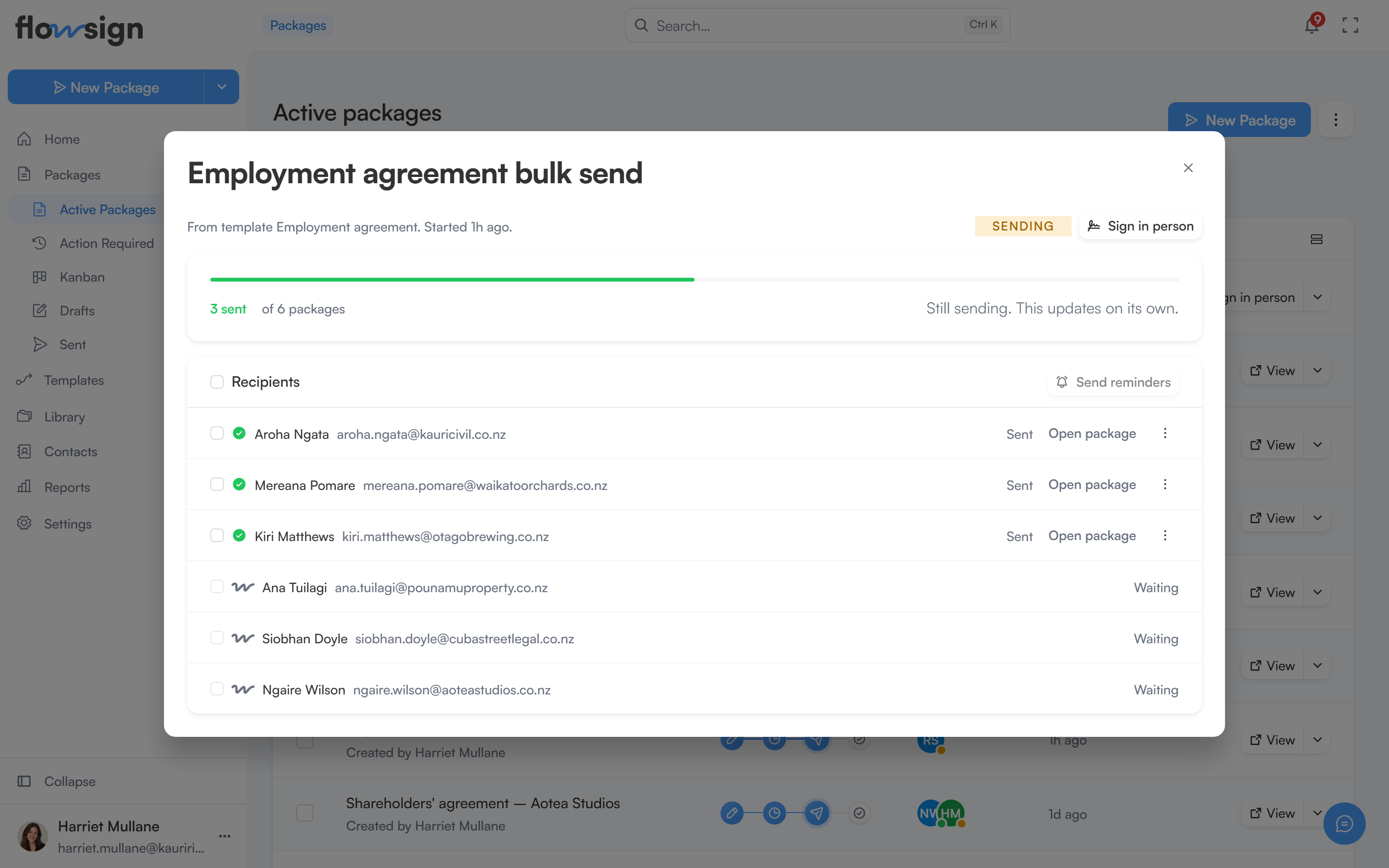 A bulk send detail page listing the recipients in the batch
