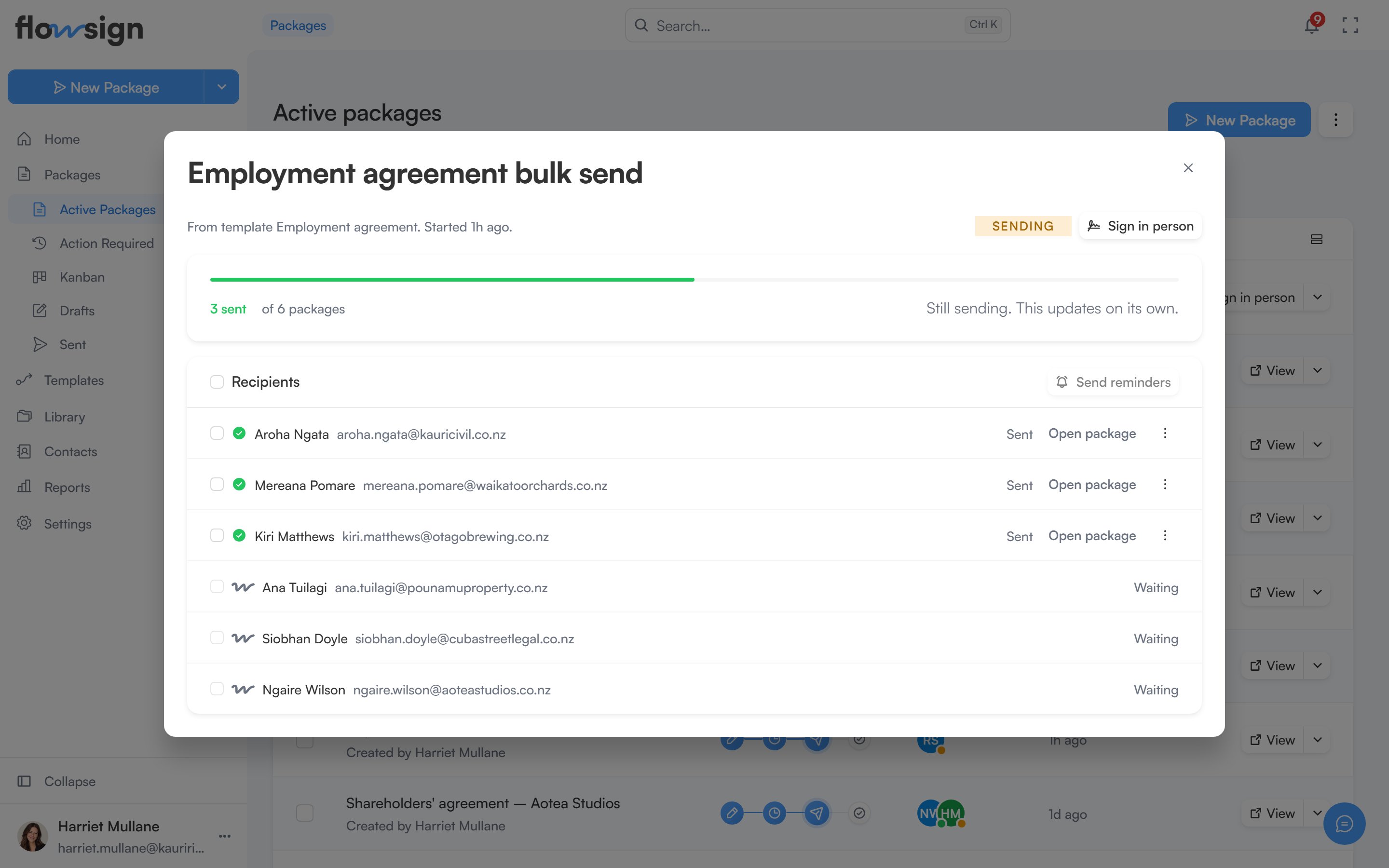 A bulk send detail page listing the recipients in the batch
