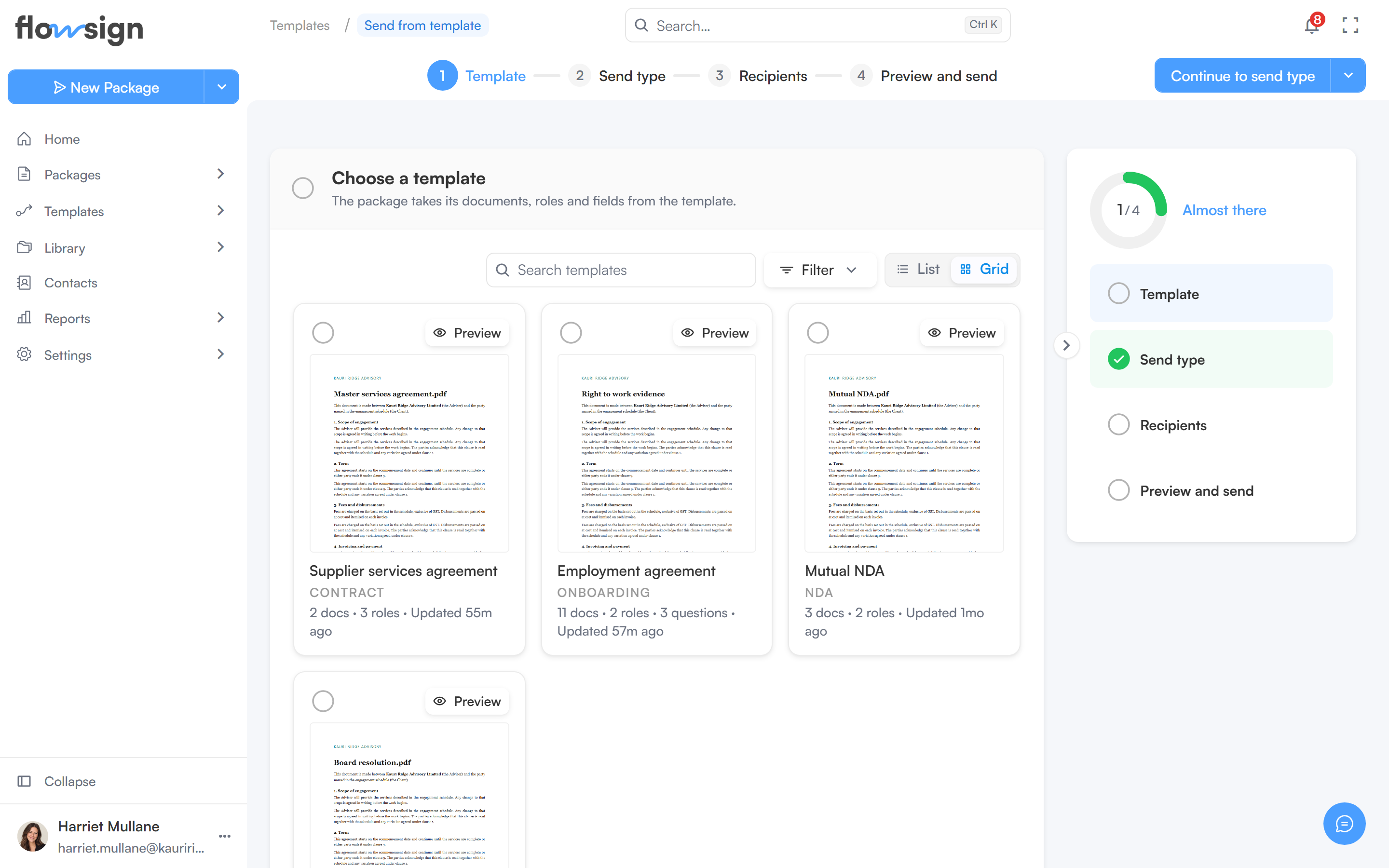 The bulk send flow on its Template step, with the steps Template, Recipients and Preview and send in the top bar