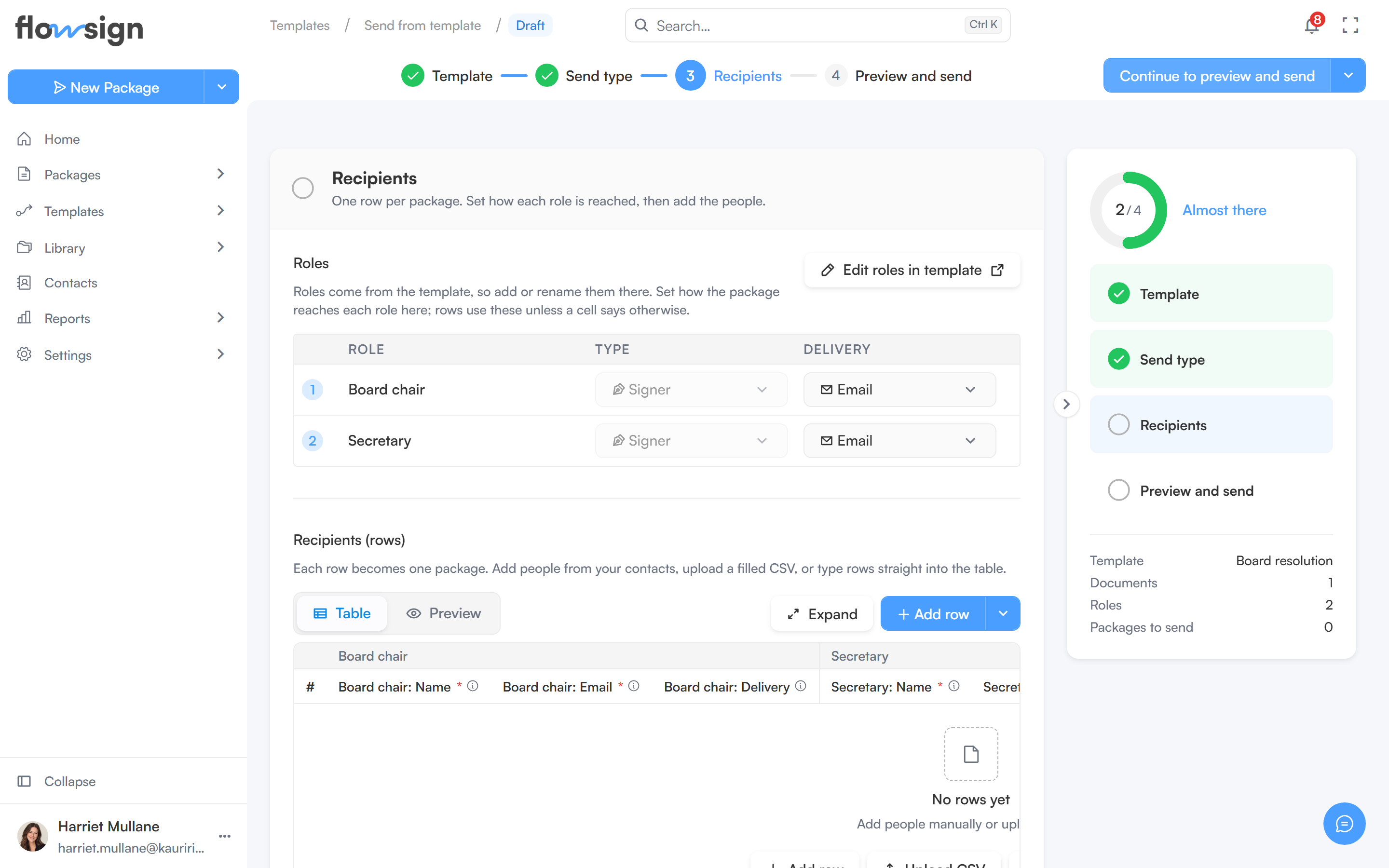 The bulk send Recipients step with the roles section and the rows table with Upload CSV and Download template