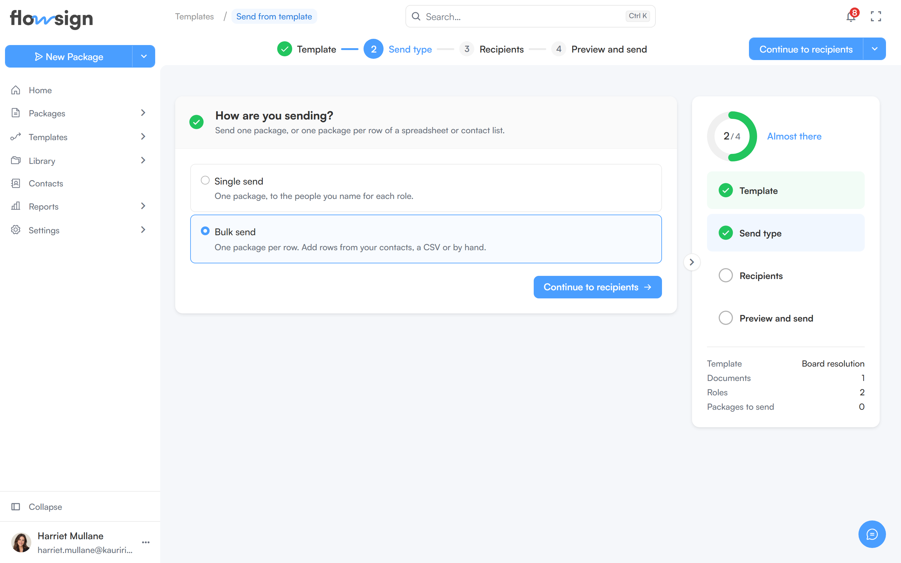 The Send type step of a bulk send with the Bulk send option
