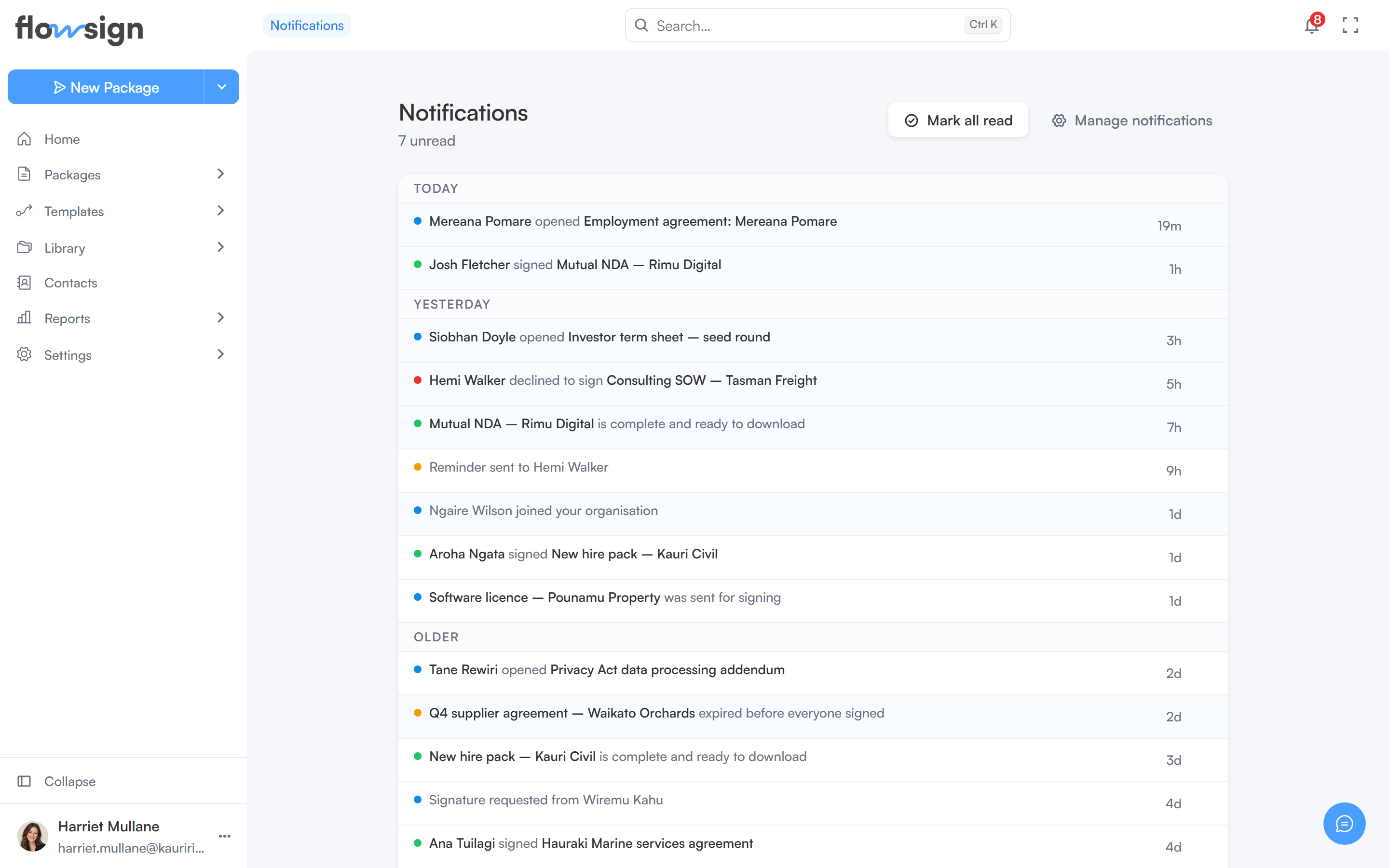 The notifications page listing recent updates about packages and documents