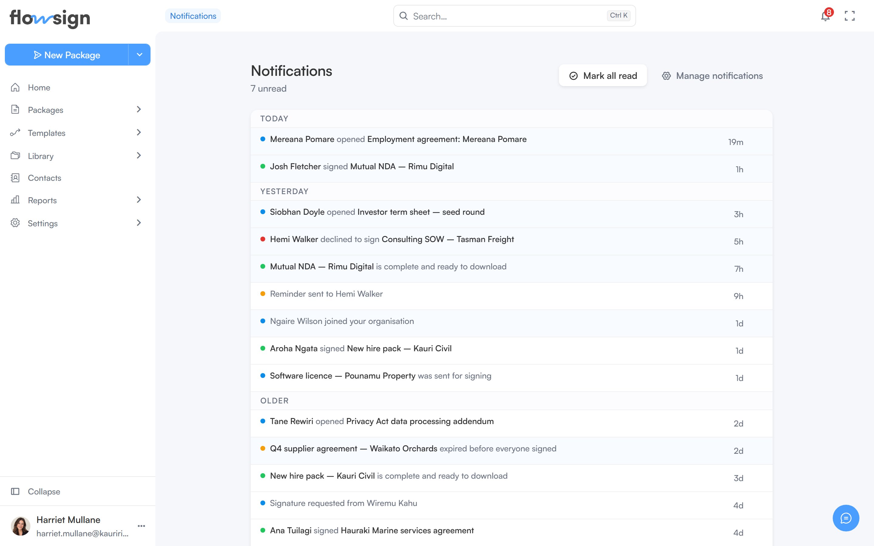 The notifications page listing recent updates about packages and documents