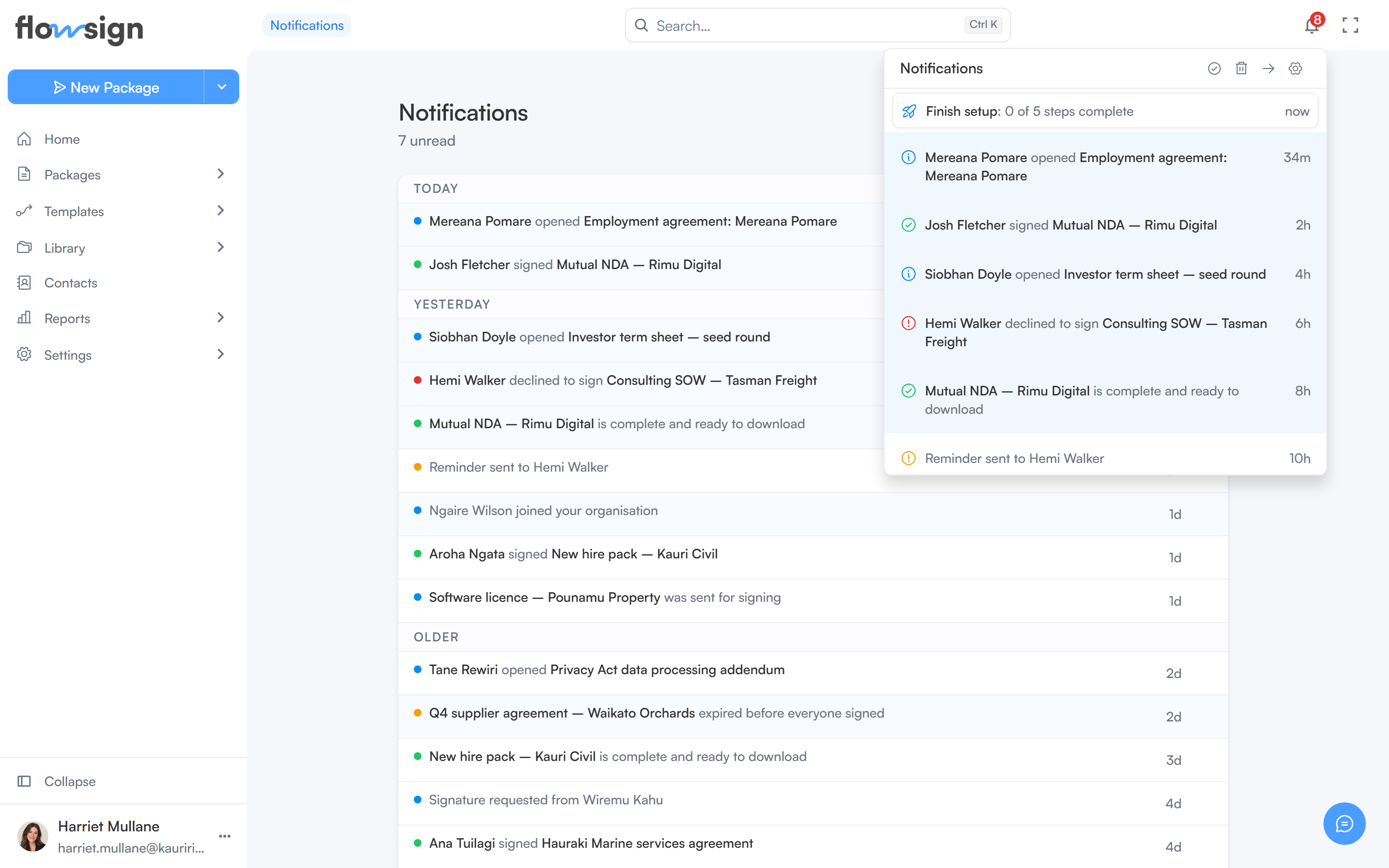 The notifications bell dropdown open, listing recent notifications