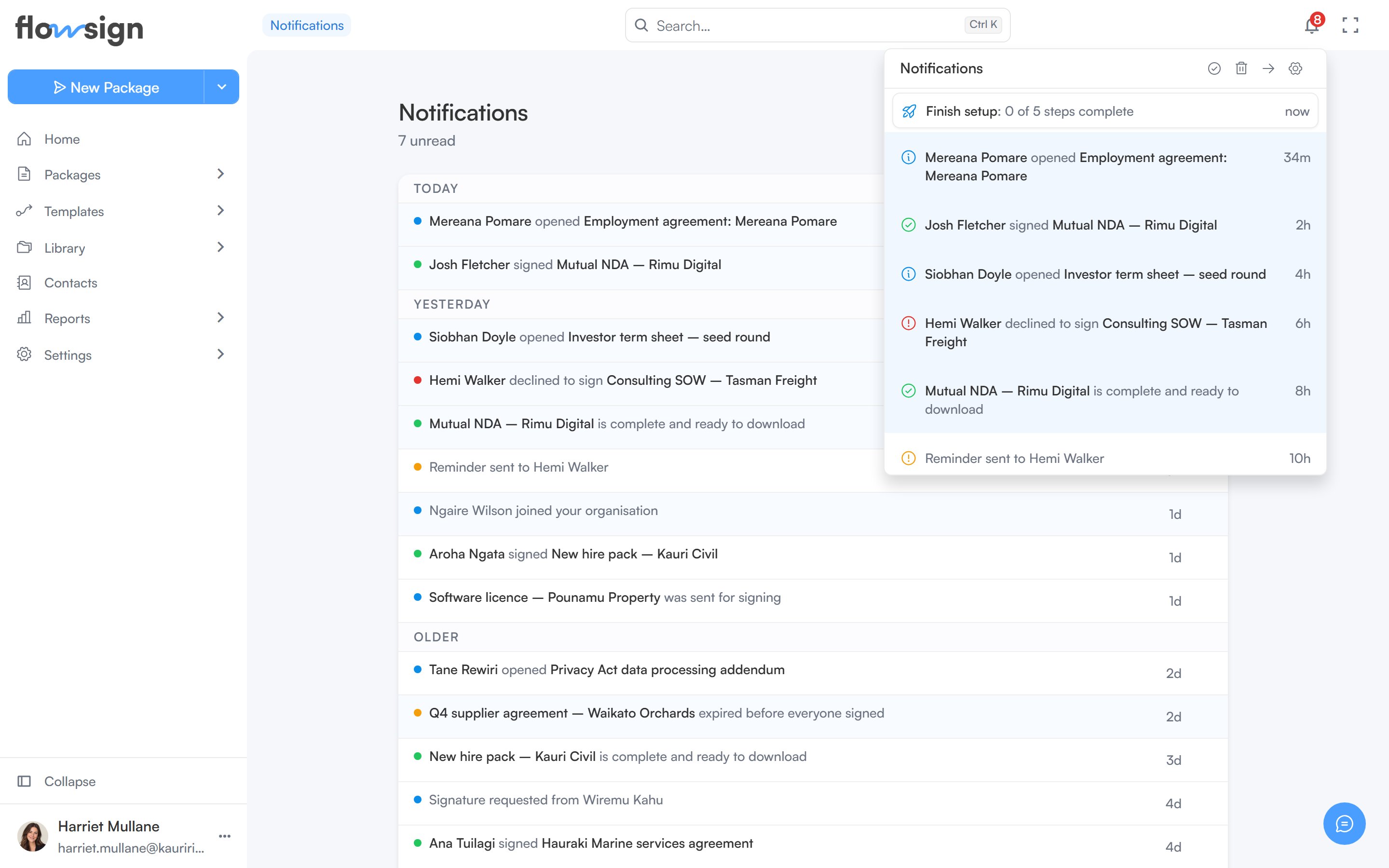 The notifications bell dropdown open, listing recent notifications