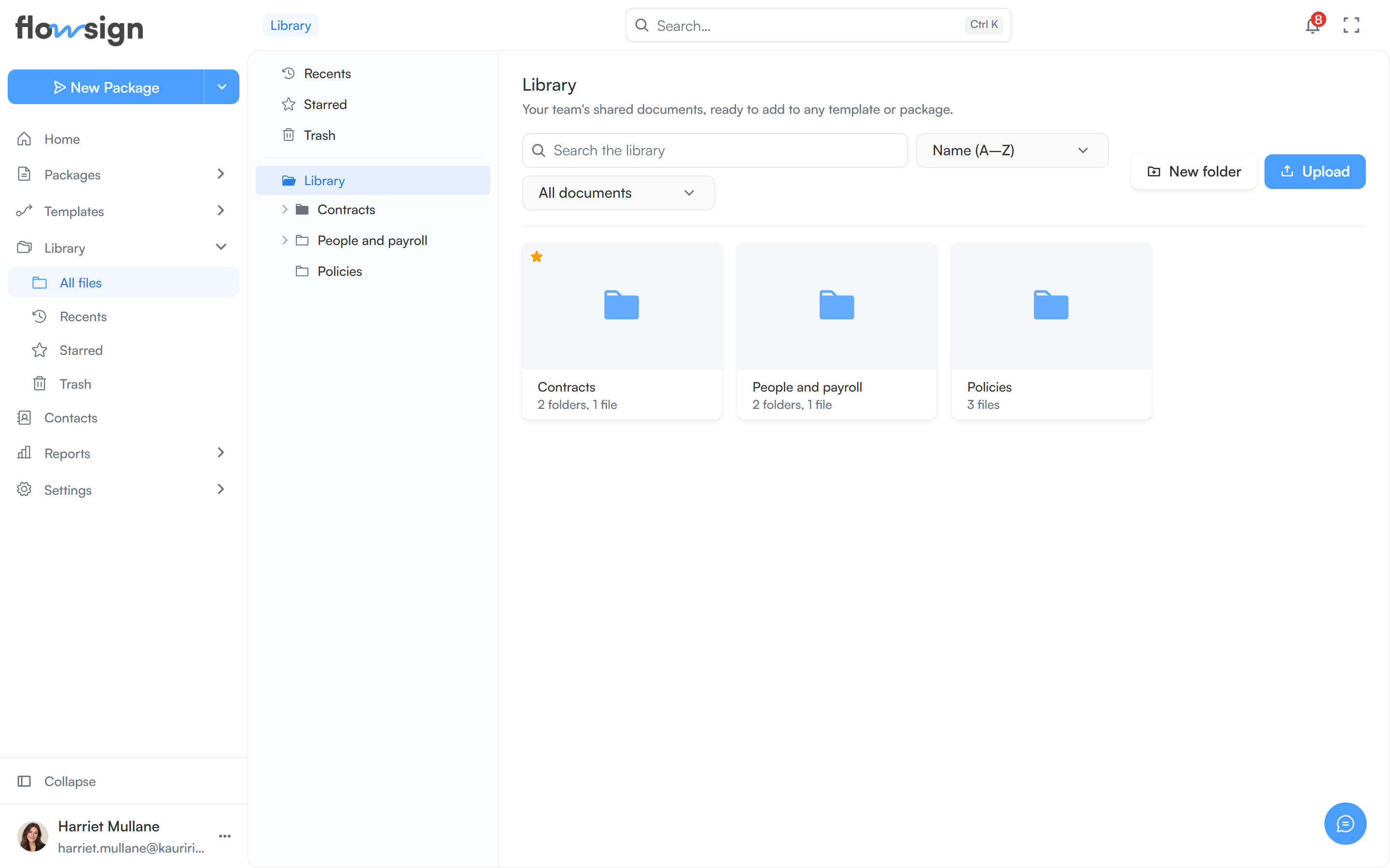 The library page showing folders and documents
