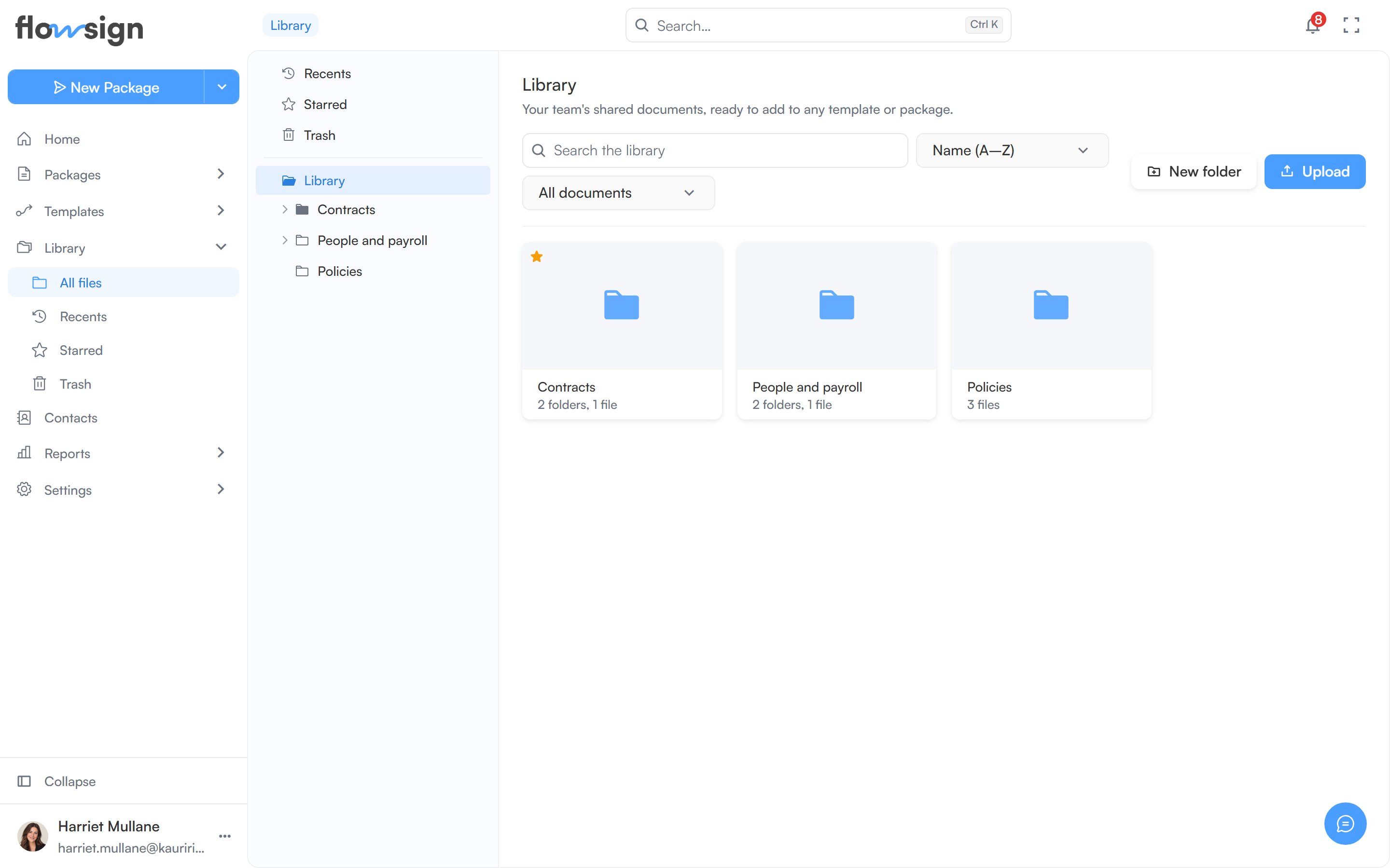 The library page showing folders and documents