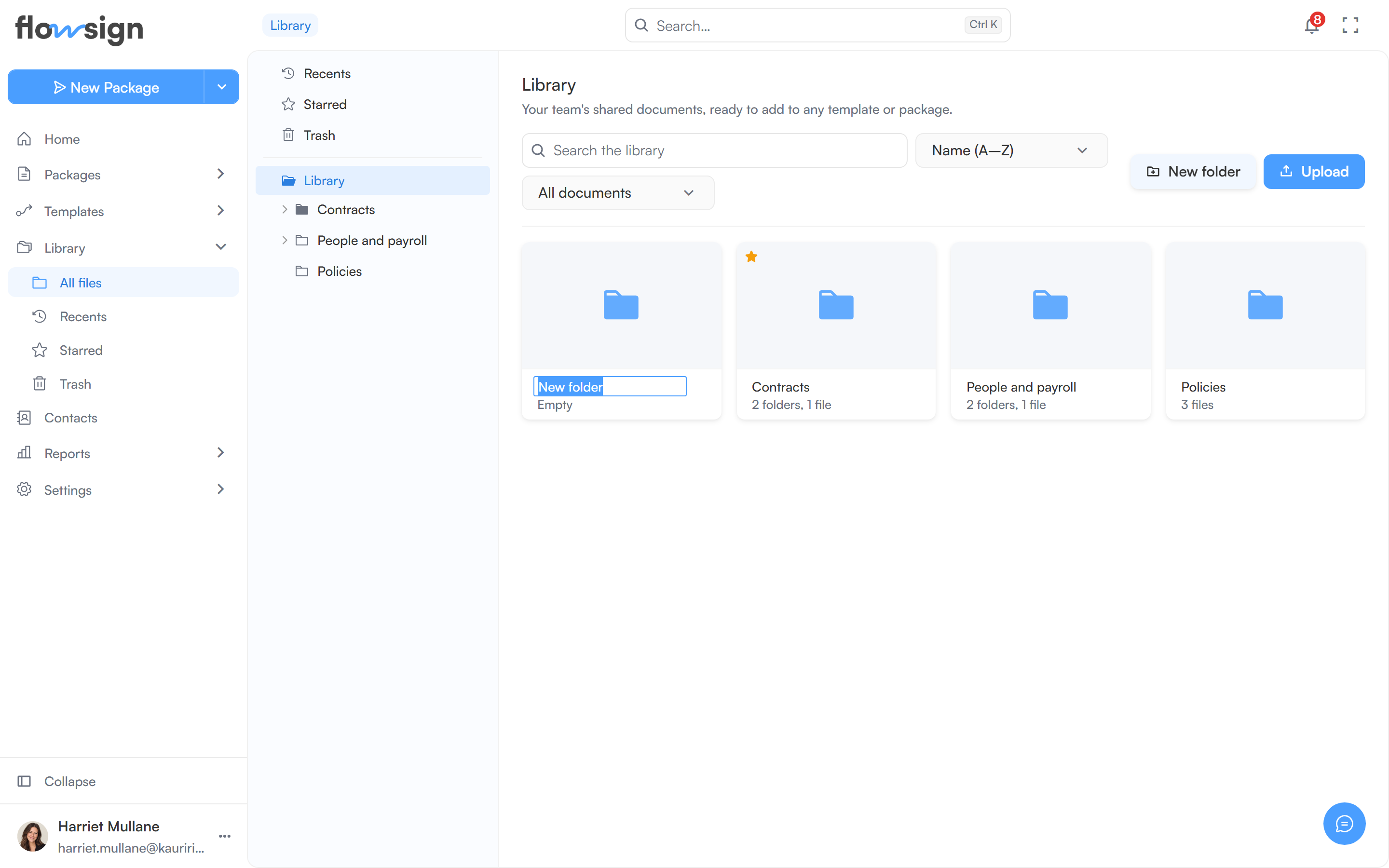 A new folder card in the library grid, with its name field ready to edit