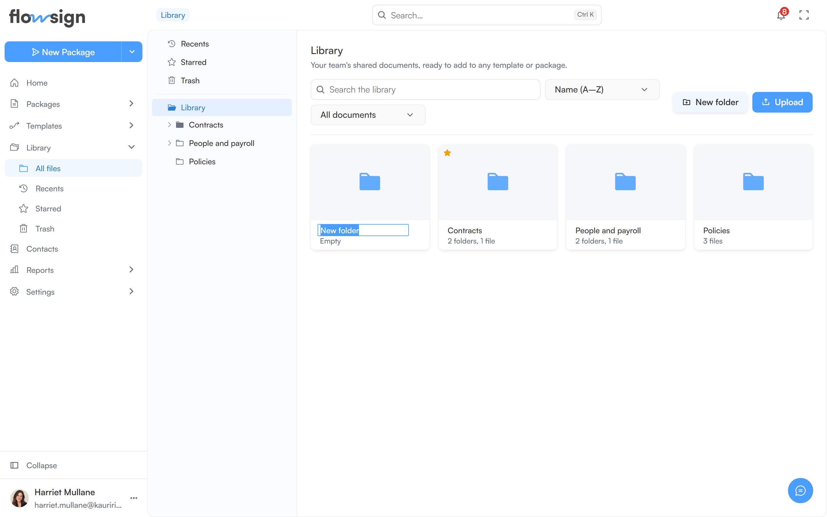 A new folder card in the library grid, with its name field ready to edit