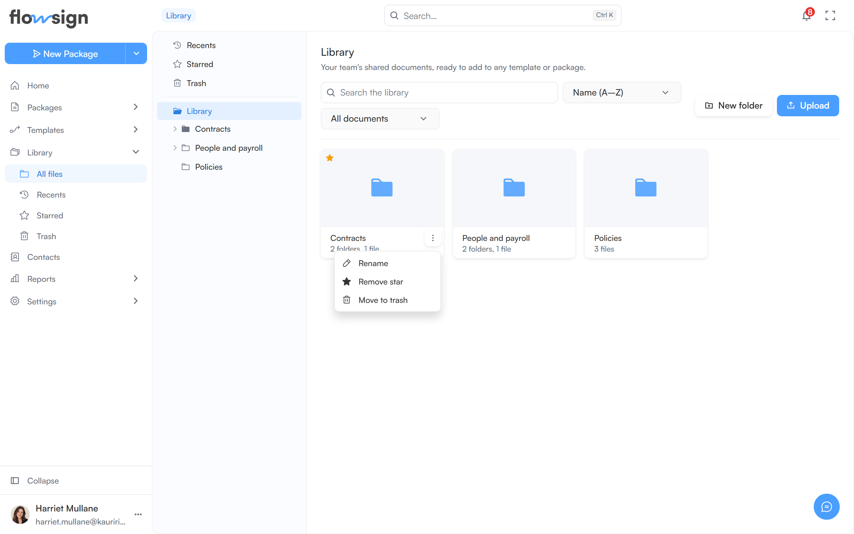 A library document's actions menu open, showing Rename, Add star and Move to trash