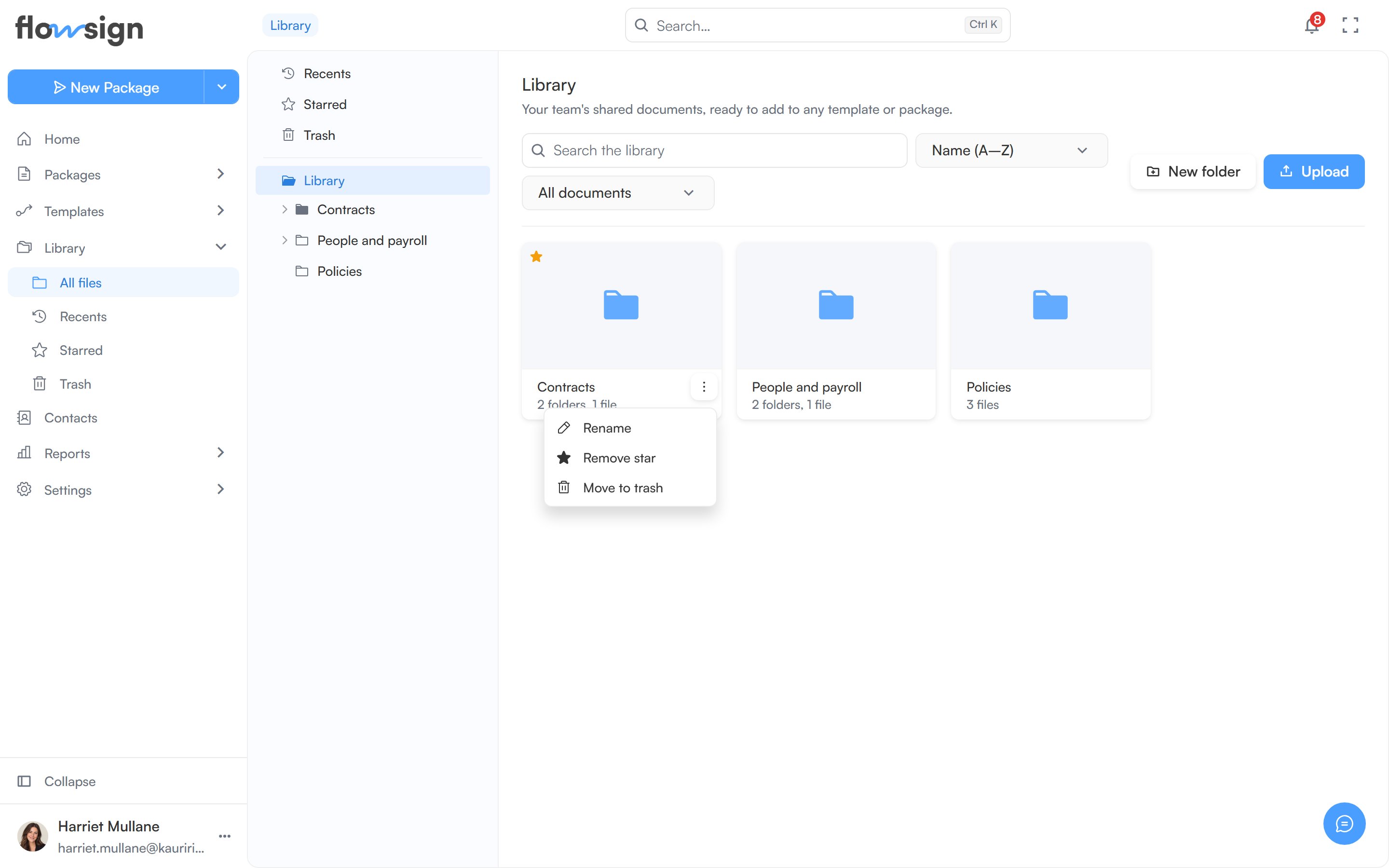 A library document's actions menu open, showing Rename, Add star and Move to trash