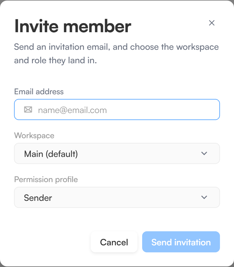The Invite member dialog with fields for email address, workspace and permission profile.
