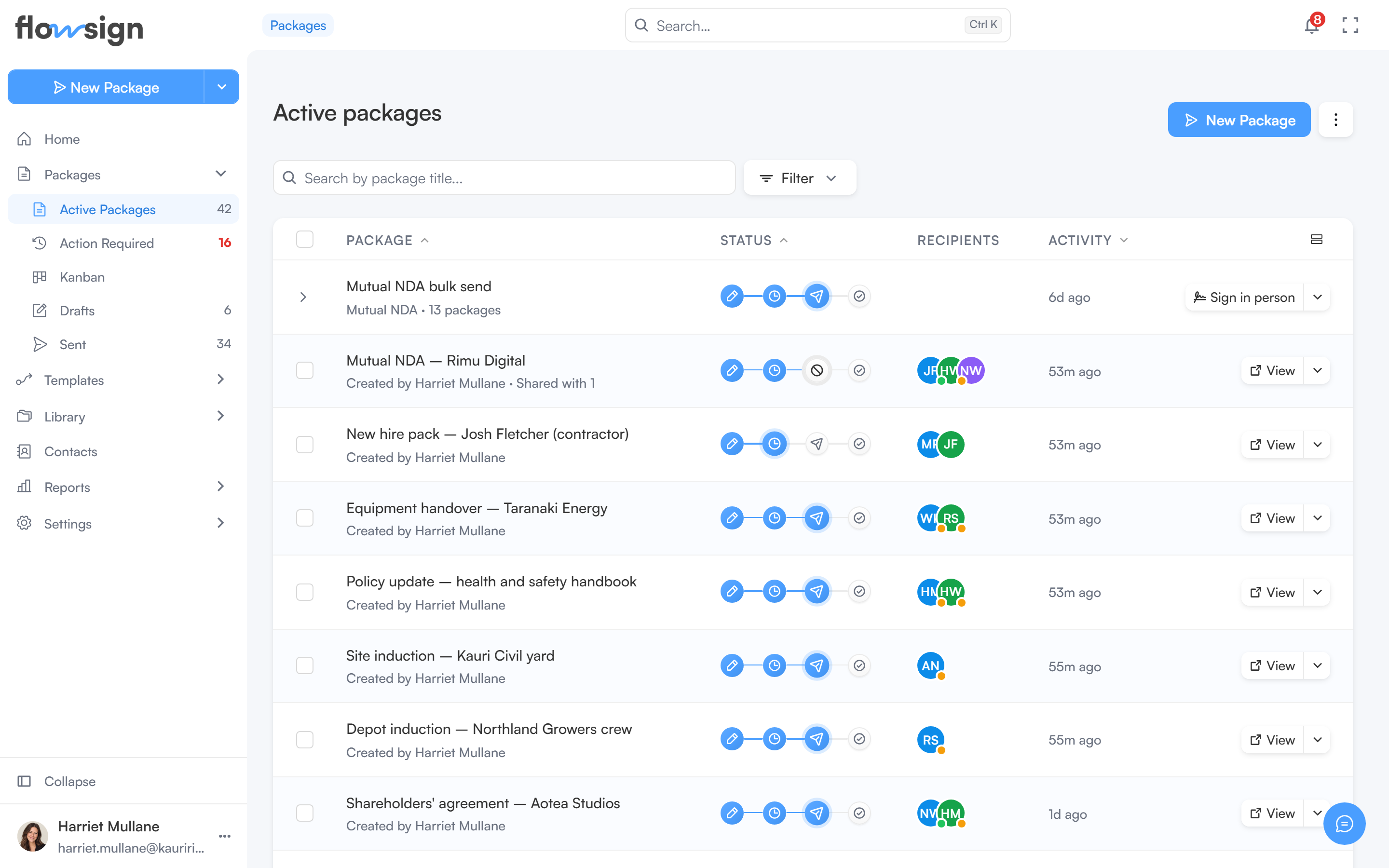 The packages list showing each package's title, status tag, recipients and recent activity