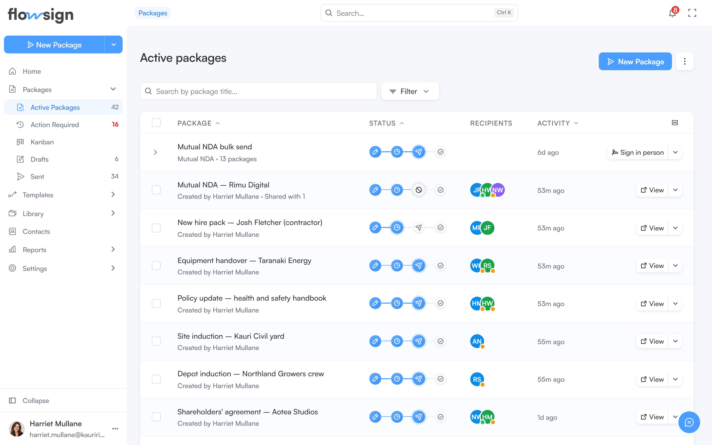 The packages list showing each package's title, status tag, recipients and recent activity