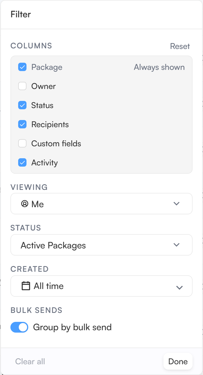 The packages filter menu open, showing its filter sections