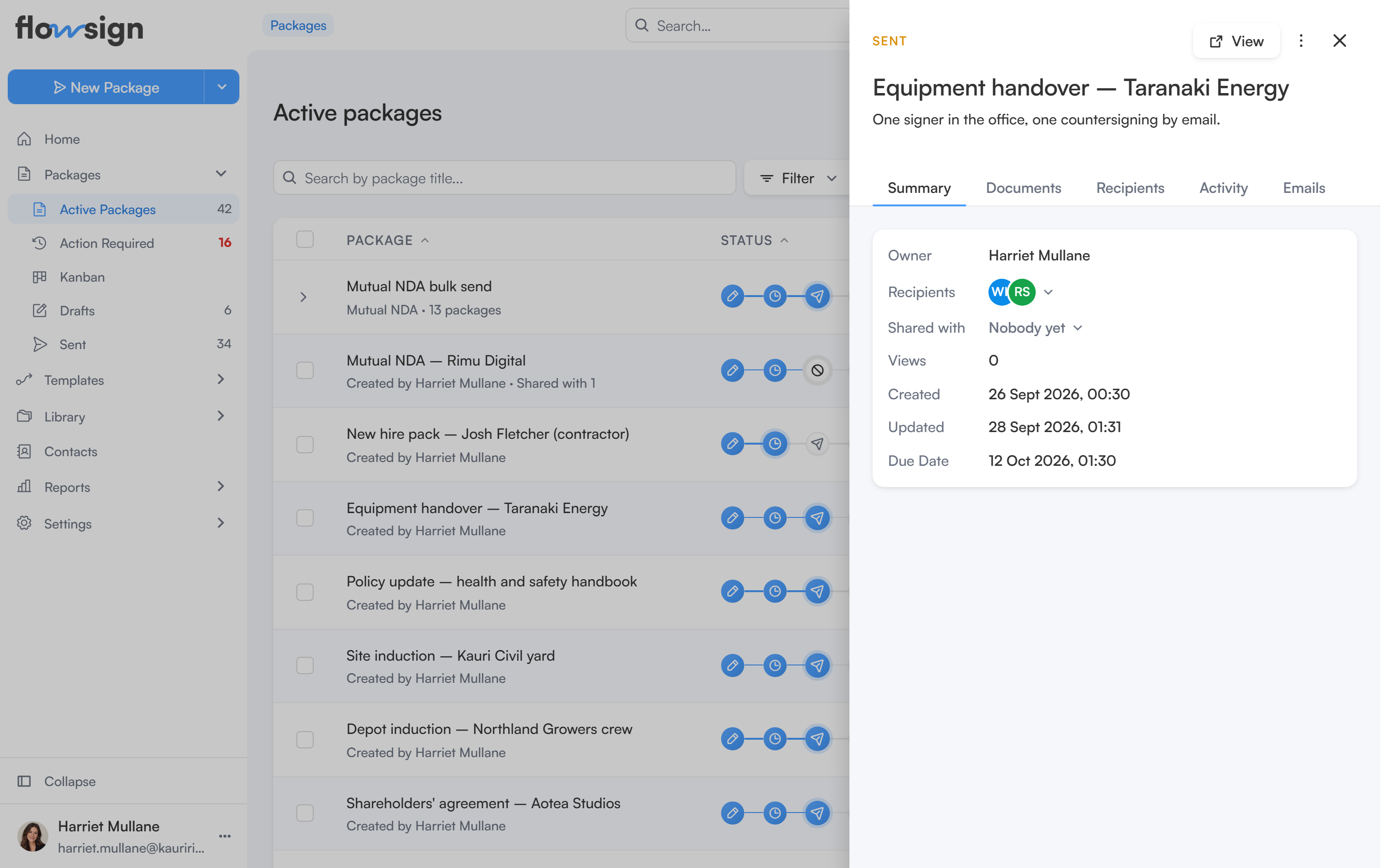 The packages list with a package's preview side panel open