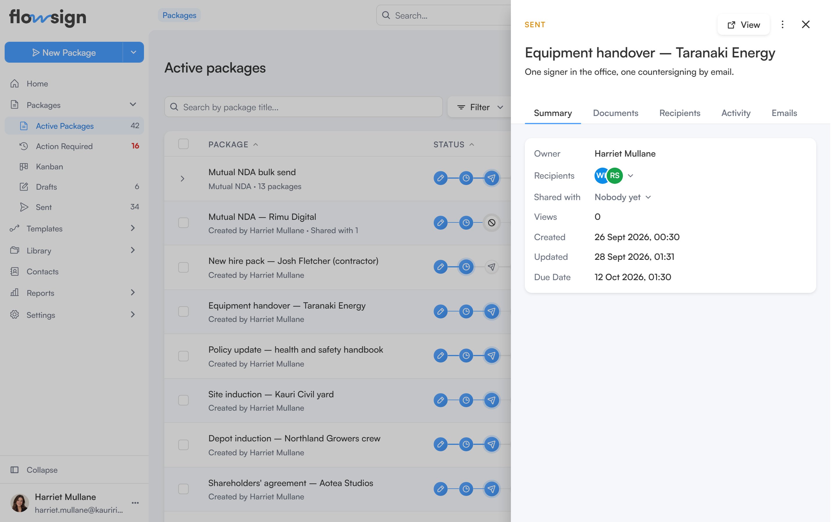The packages list with a package's preview side panel open