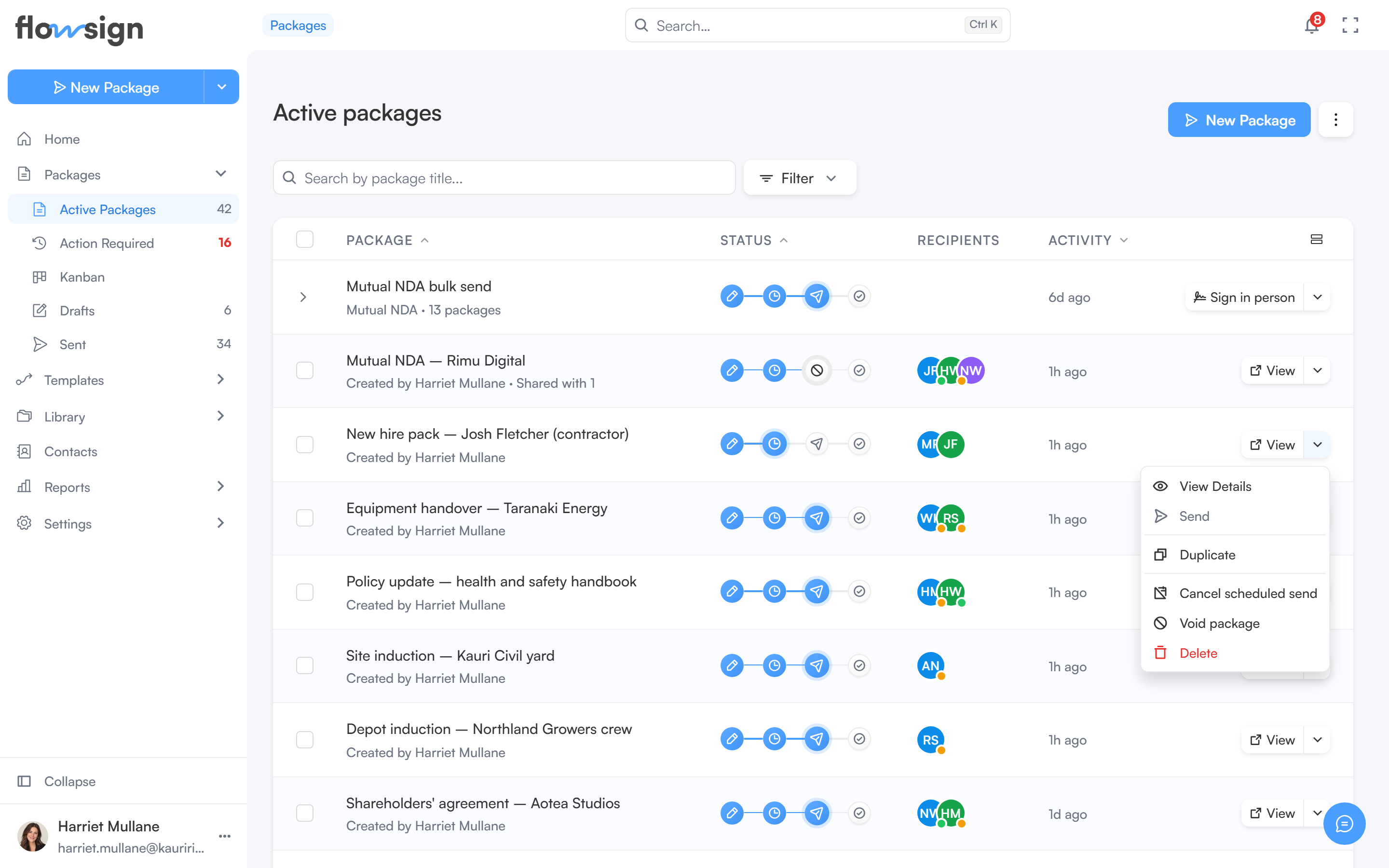 The action menu of a package row open in the packages list