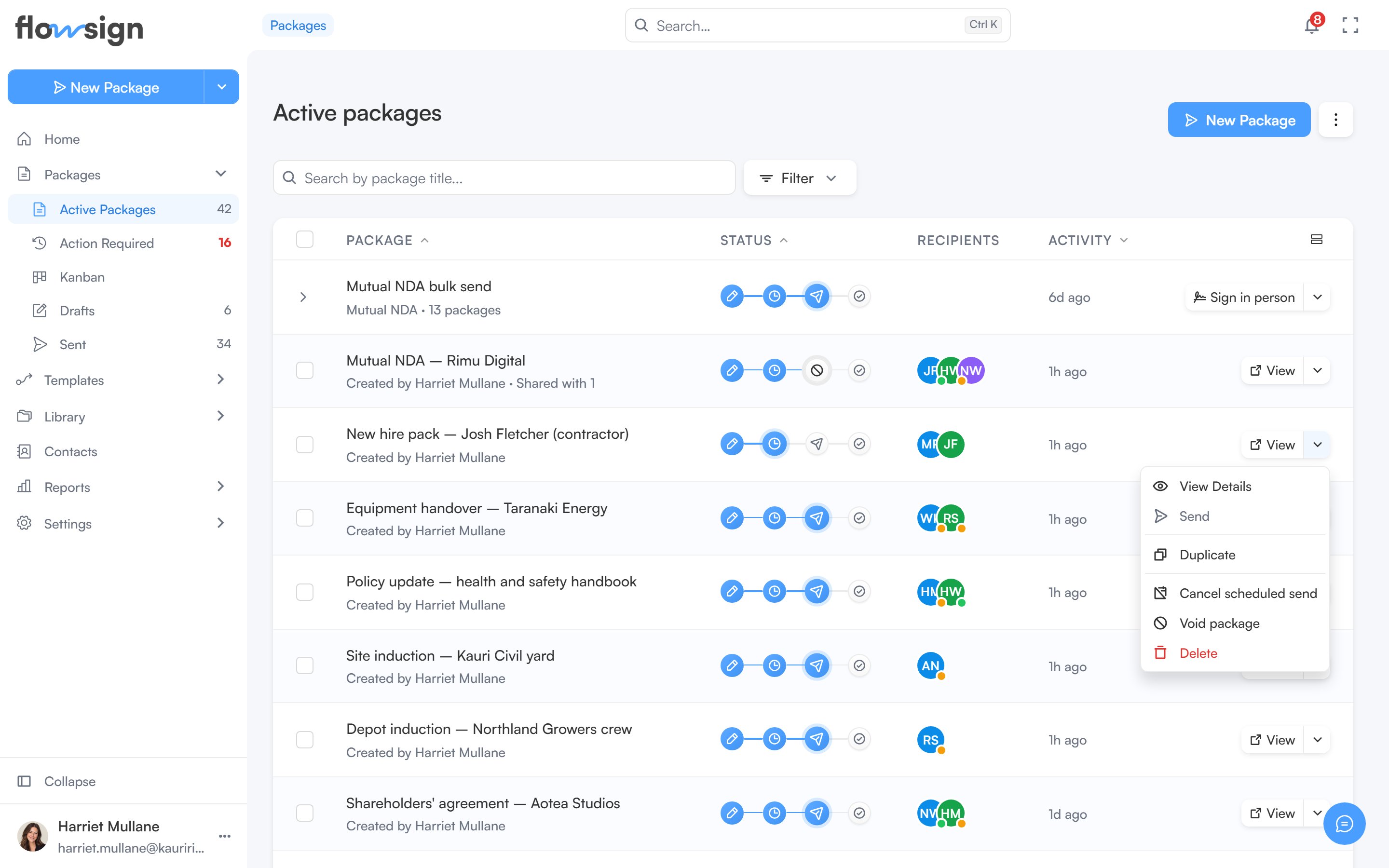The action menu of a package row open in the packages list