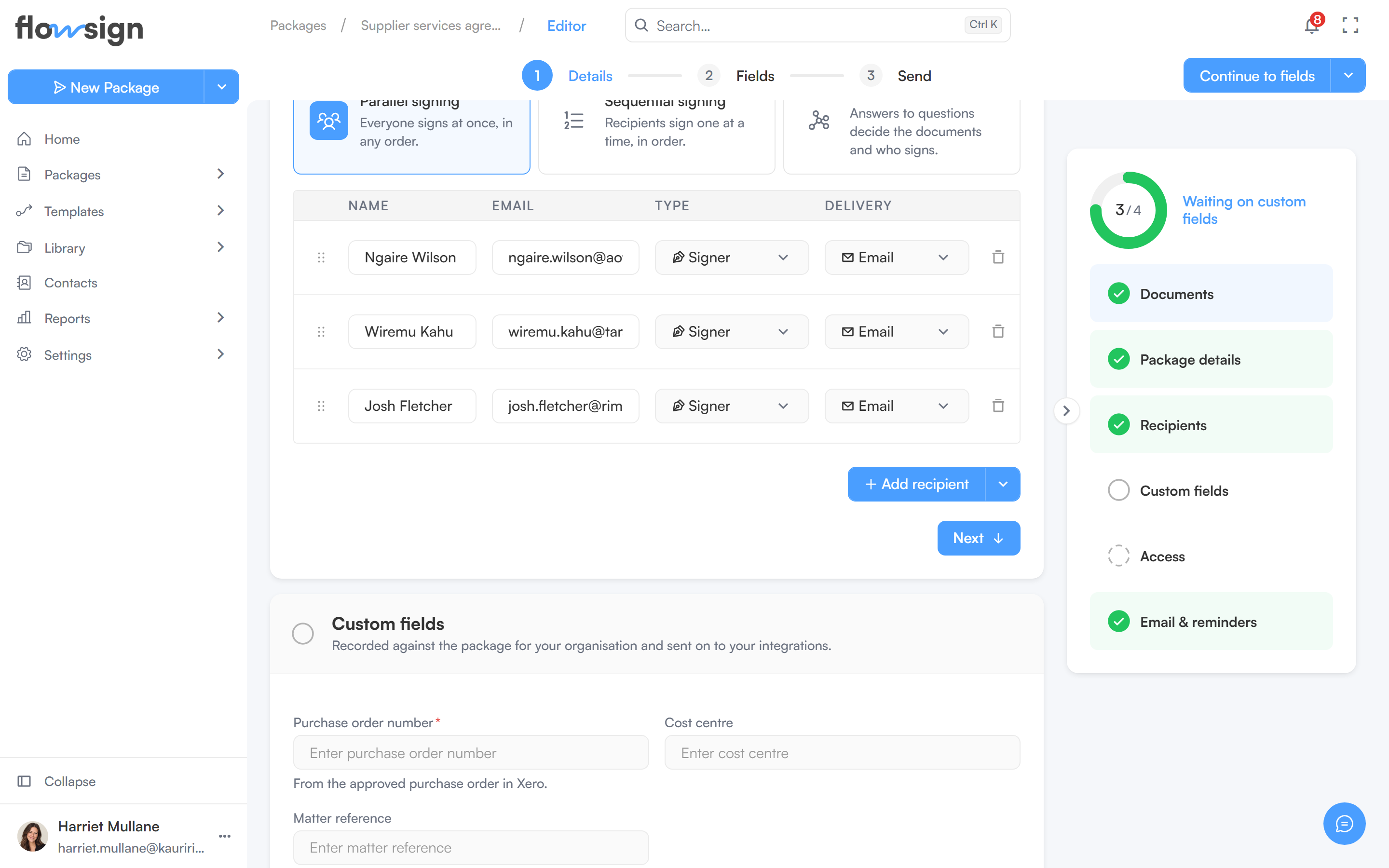 The Recipients section of the package creator with recipient rows filled in