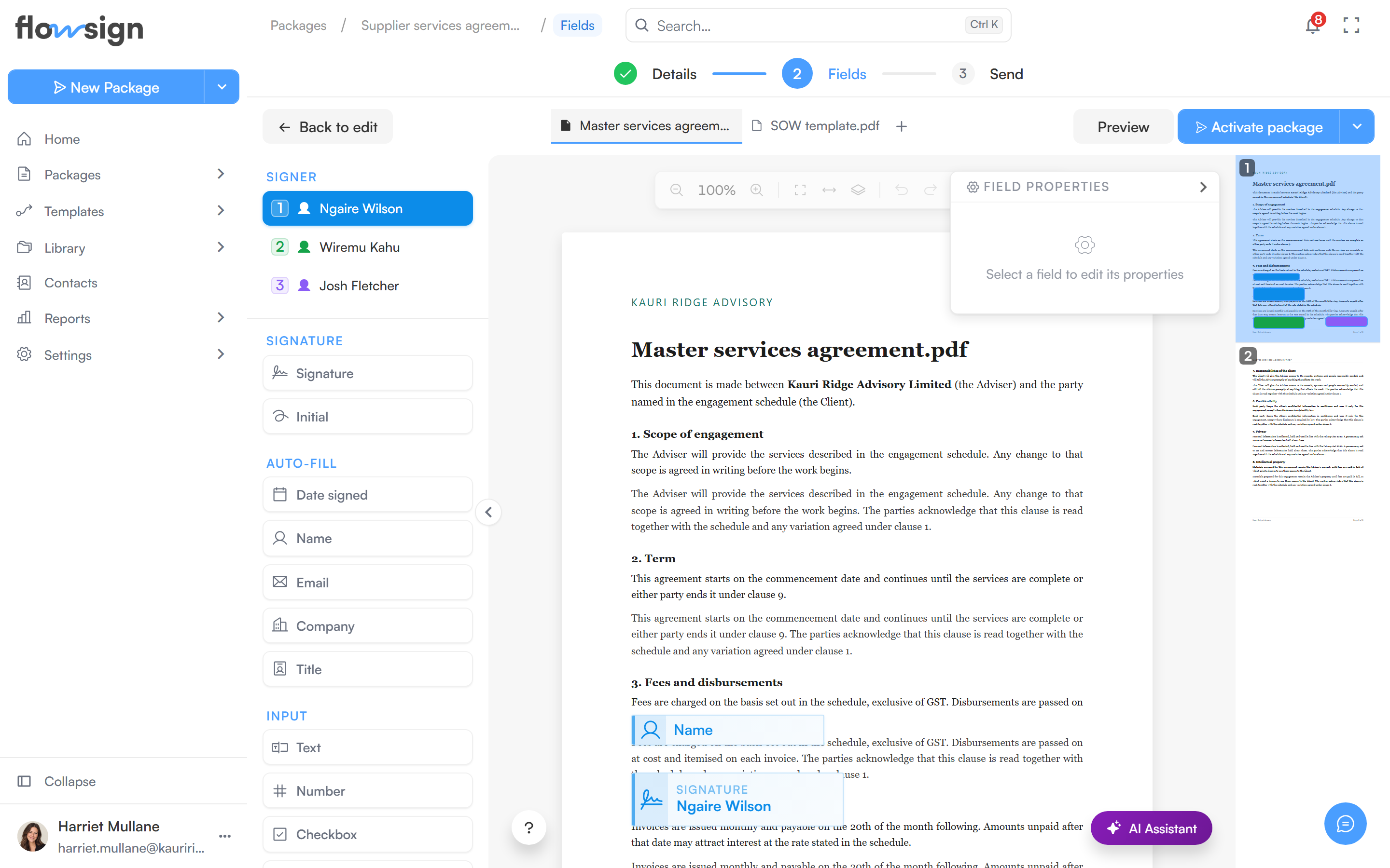 The field editor with the document canvas and the field toolbar