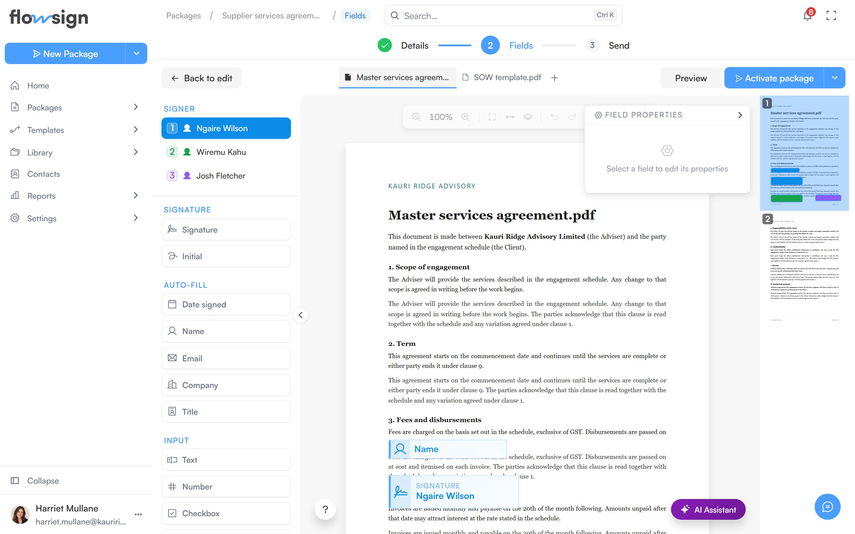 The field editor with the document canvas and the field toolbar