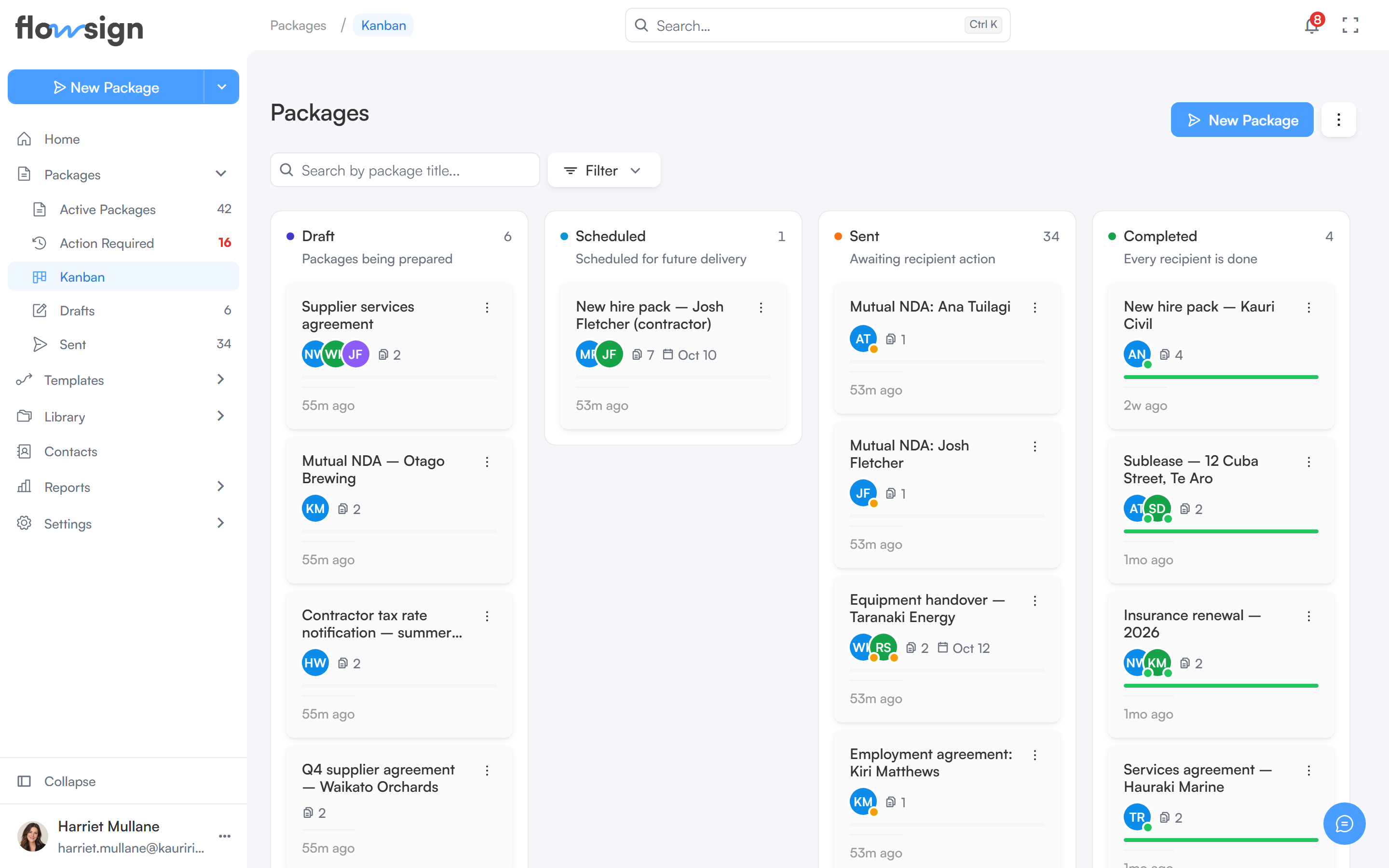 The packages board view with a column for each status