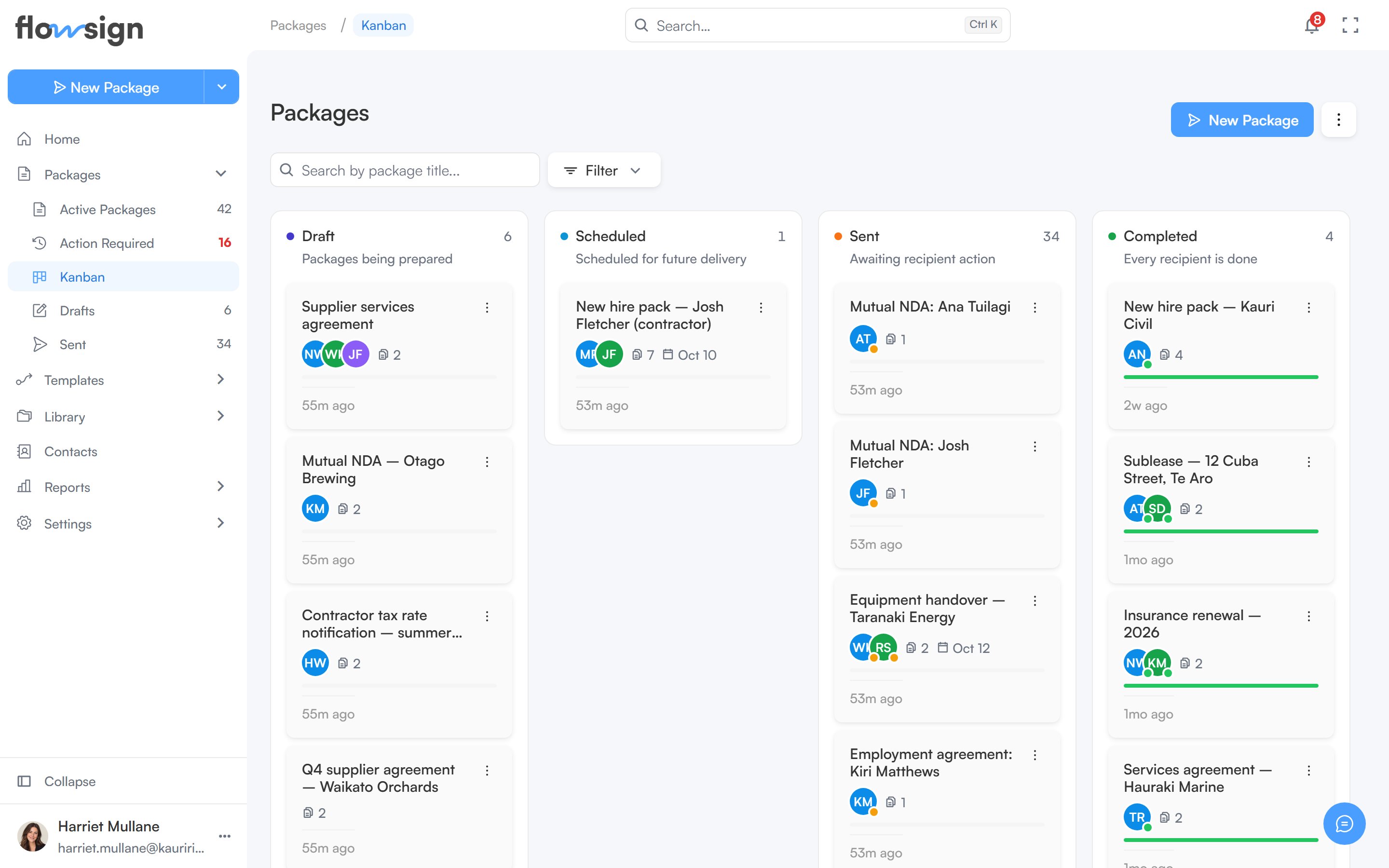 The packages board view with a column for each status