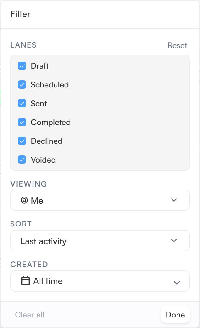 The board view's filter menu open, showing its sort, date and lane options