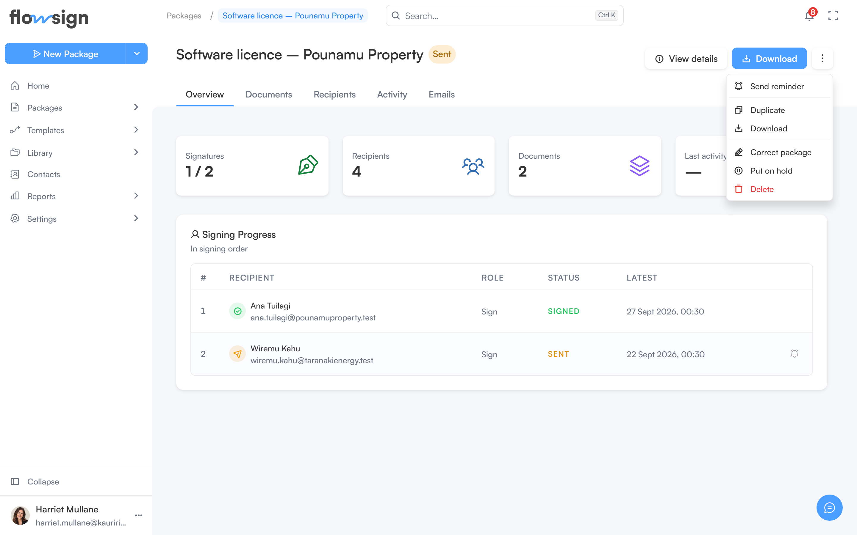 A package detail page with its actions menu open