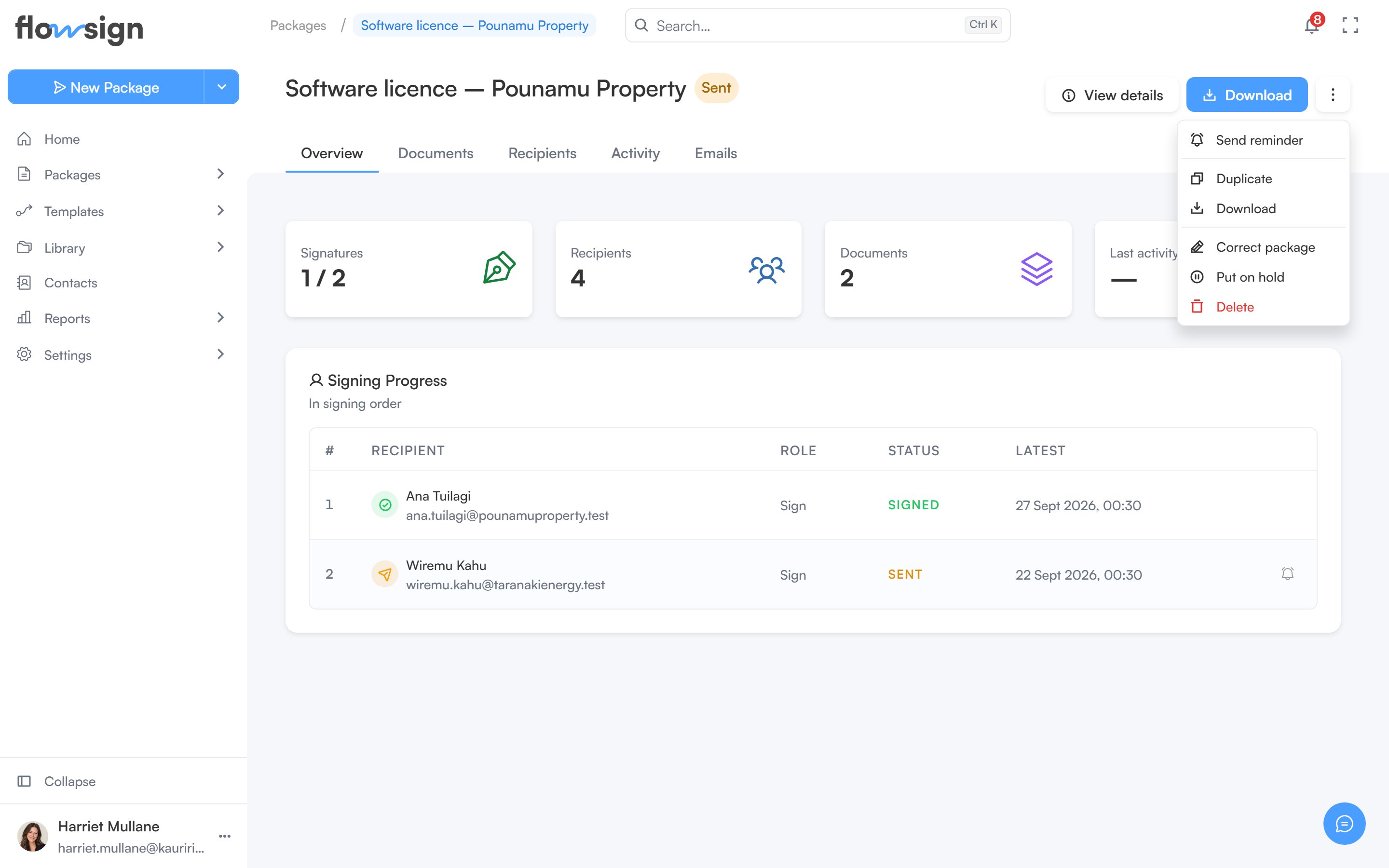 A package detail page with its actions menu open