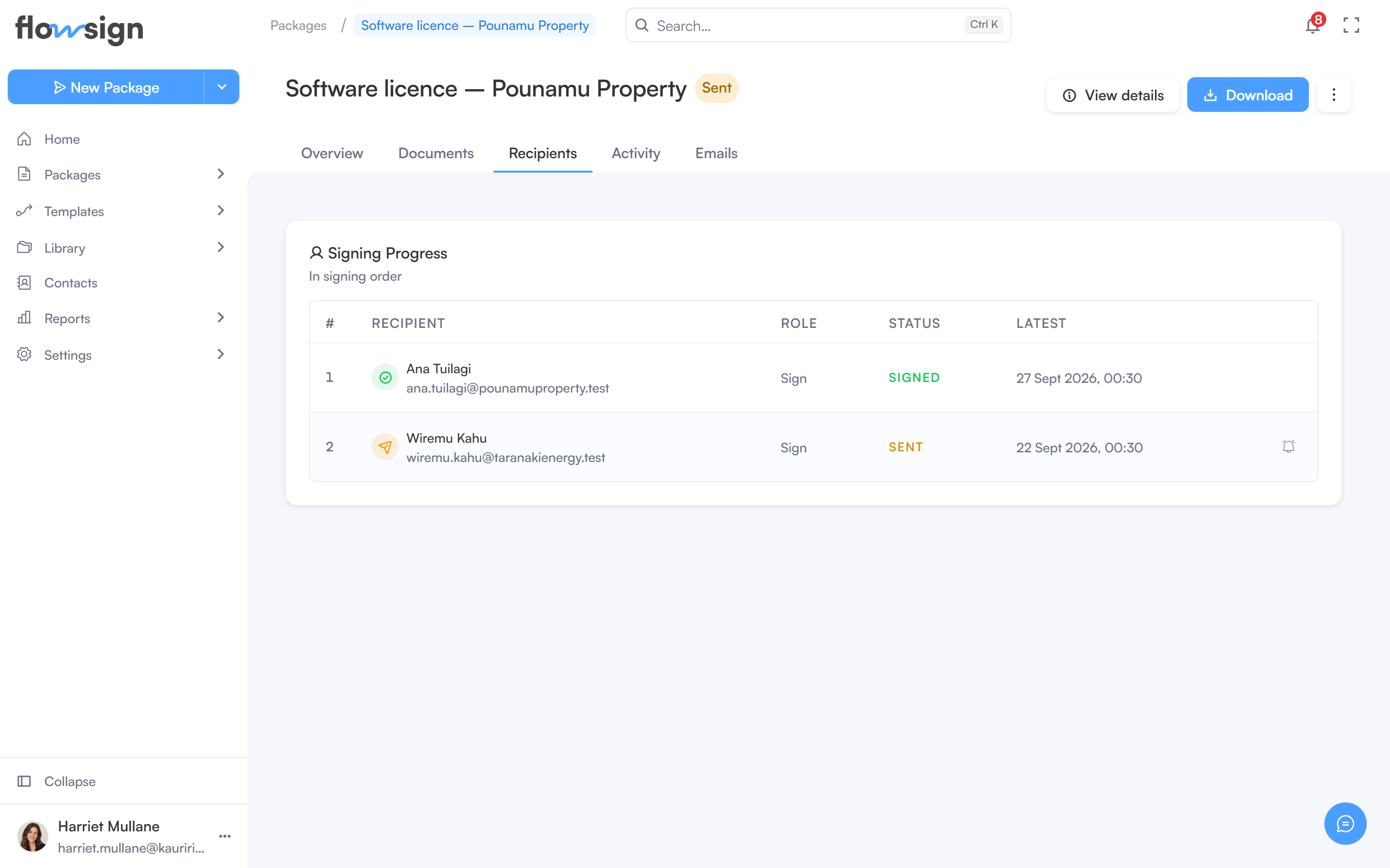 The Recipients tab of a package detail page listing each recipient and their status
