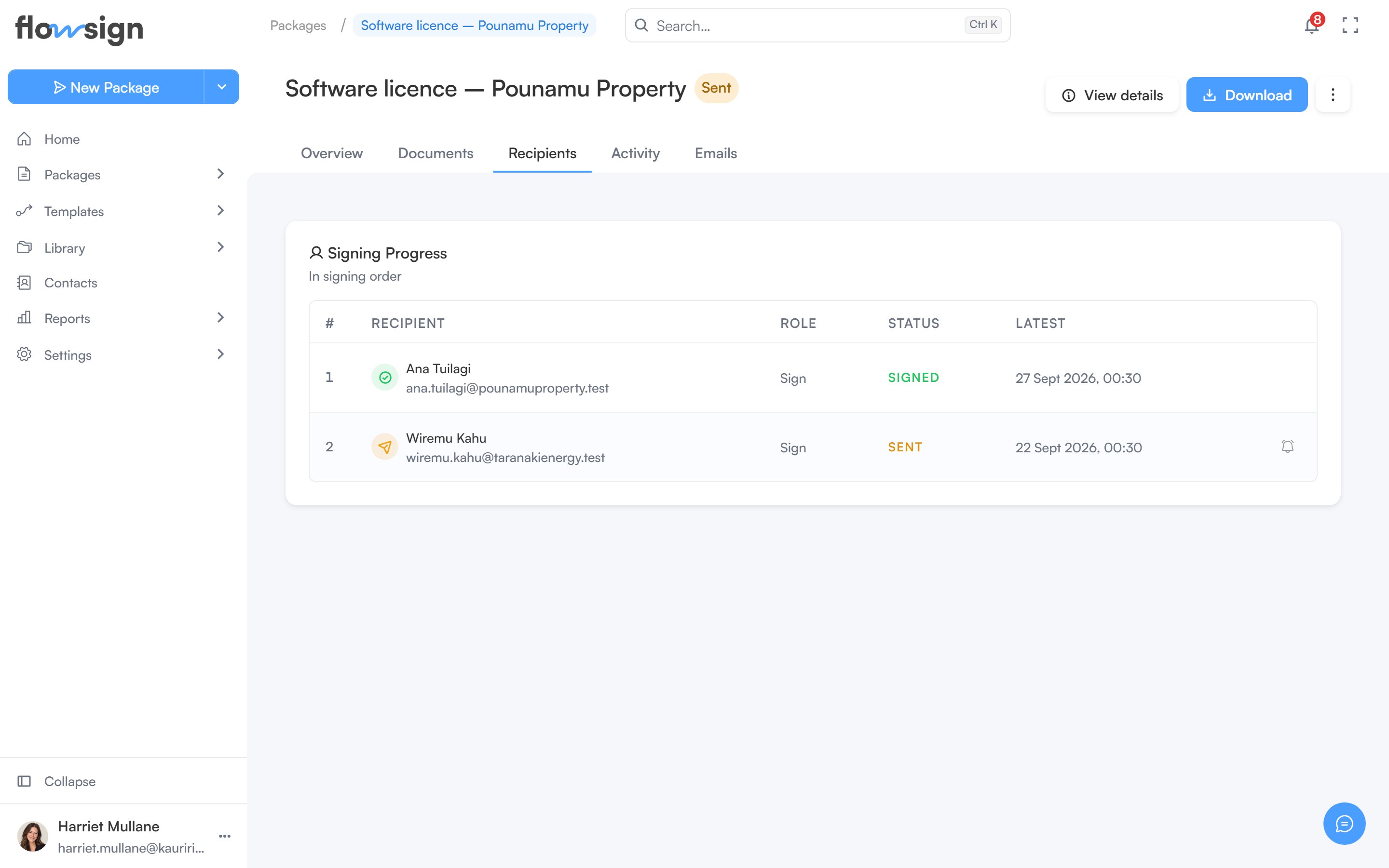 The Recipients tab of a package detail page listing each recipient and their status