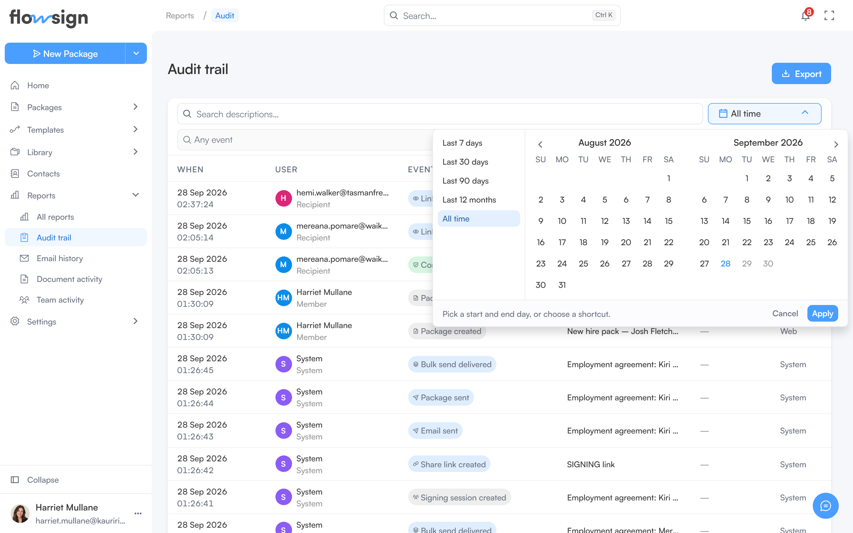 The audit trail's date range picker open, with preset ranges listed