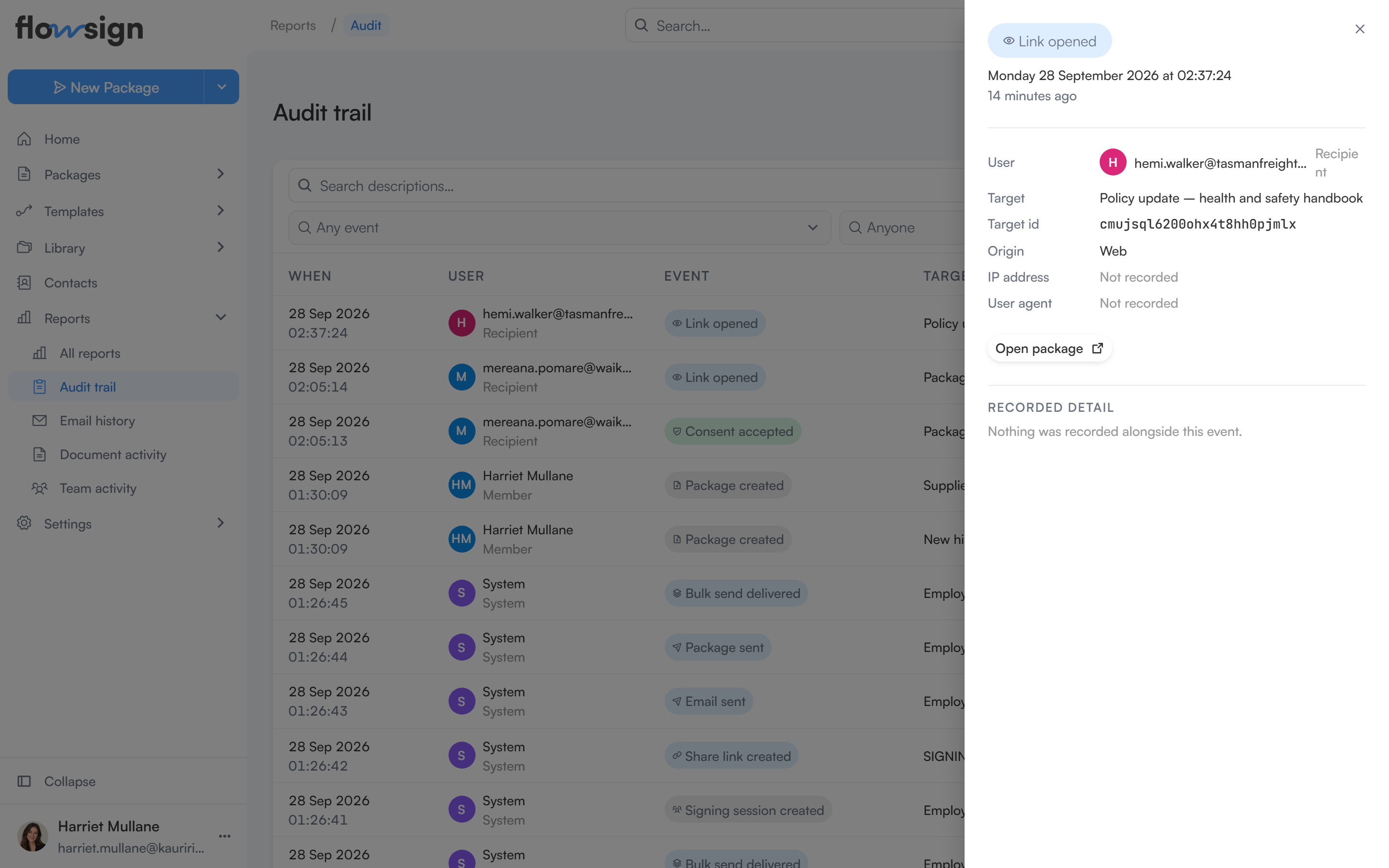 An audit trail event's detail panel, showing the user, target, origin and recorded detail