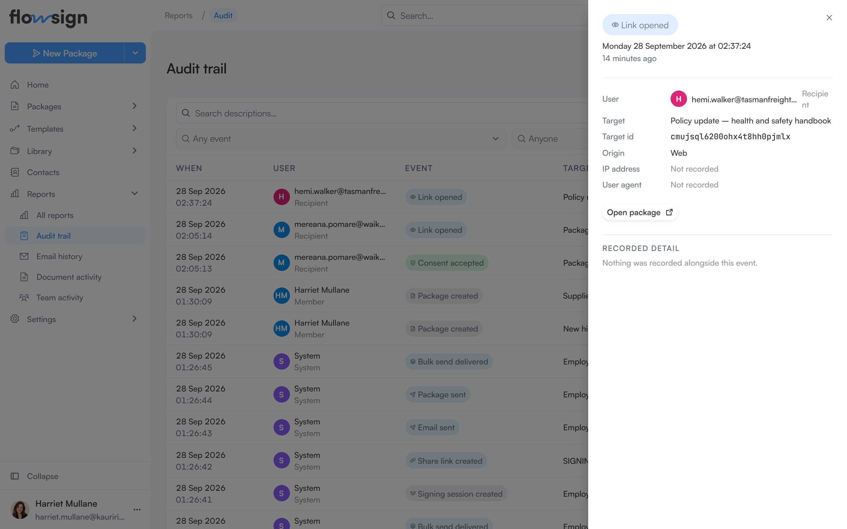 An audit trail event's detail panel, showing the user, target, origin and recorded detail