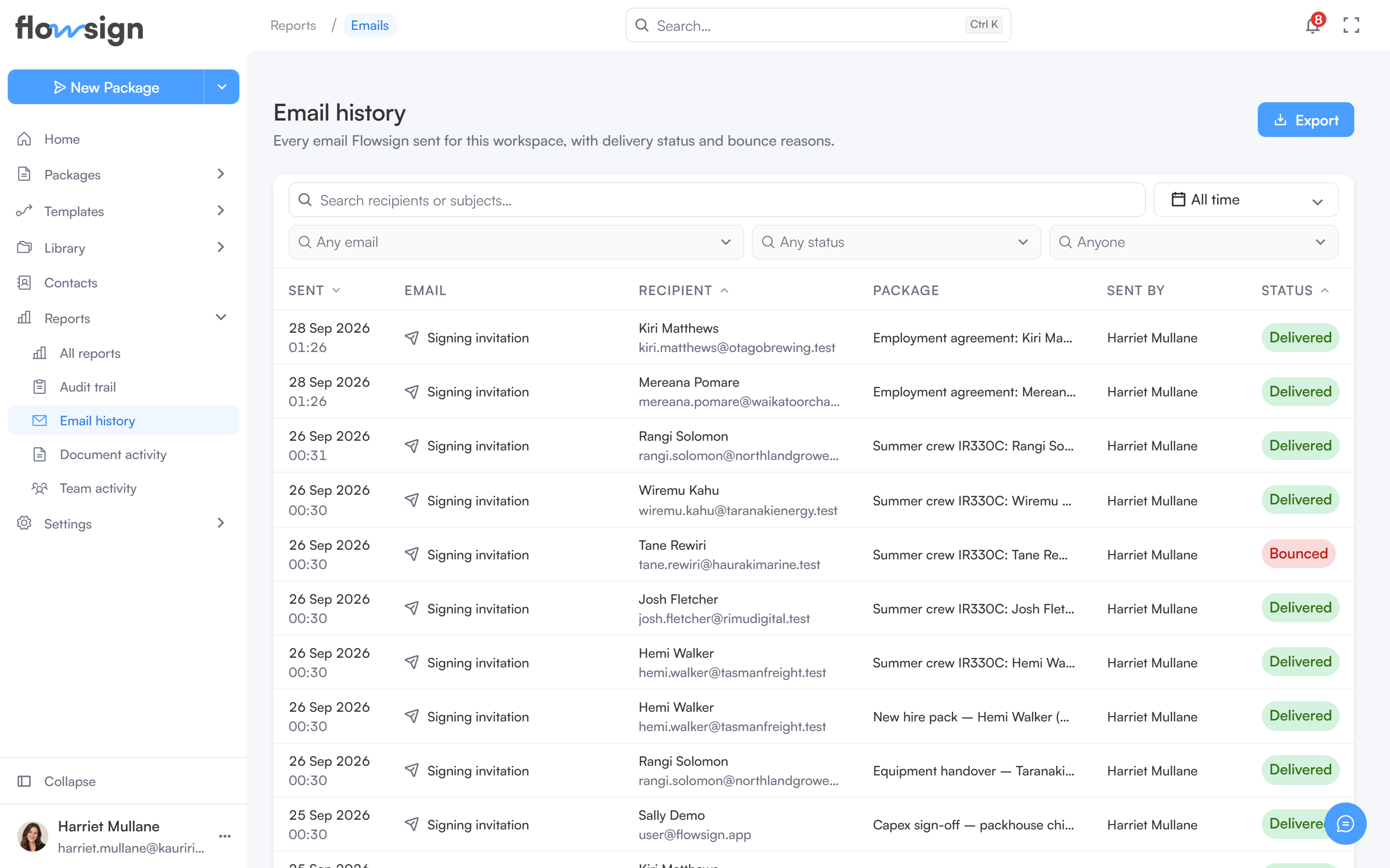 The email history report listing sent emails
