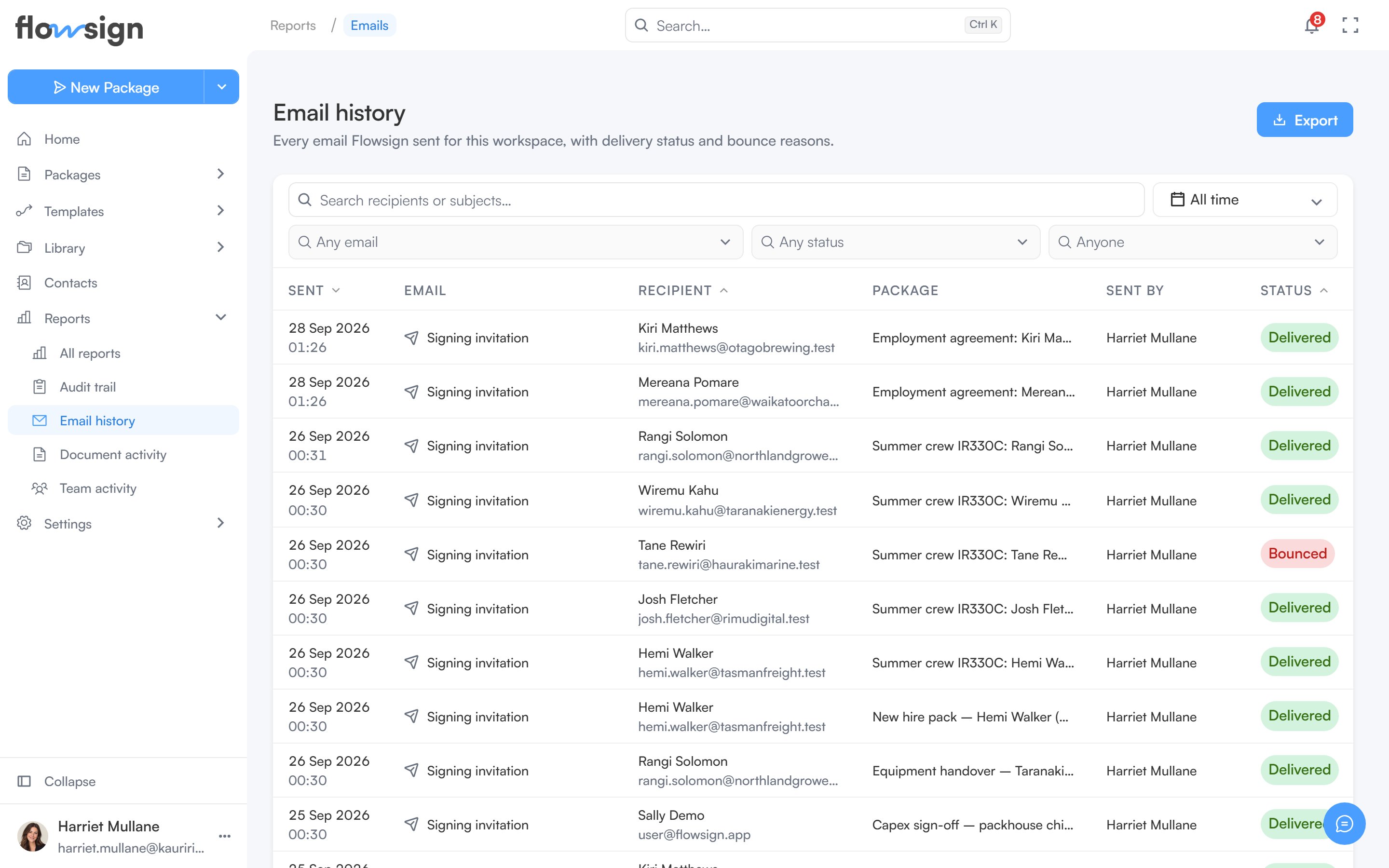 The email history report listing sent emails