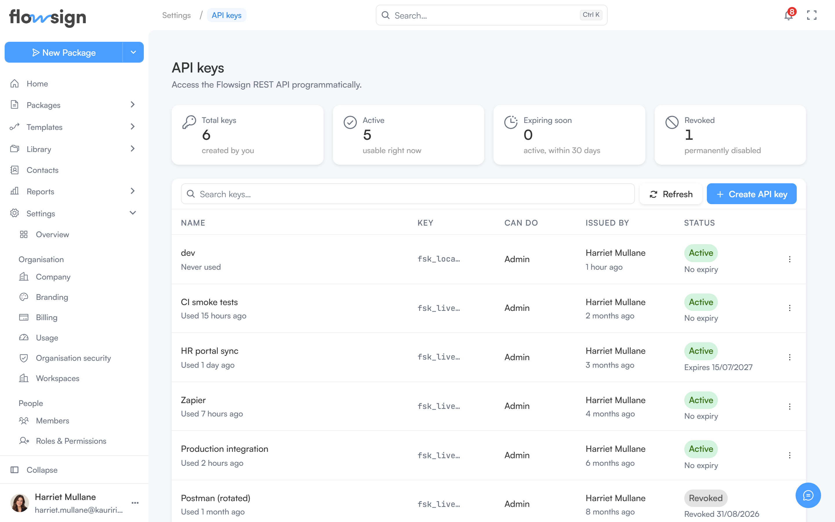 The API keys settings page listing keys by name, prefix, role, issuer and status