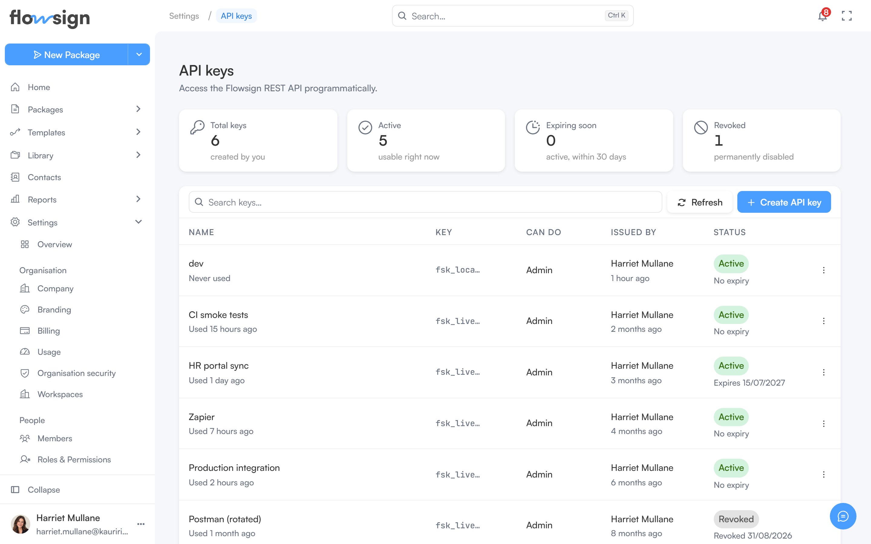 The API keys settings page listing keys by name, prefix, role, issuer and status