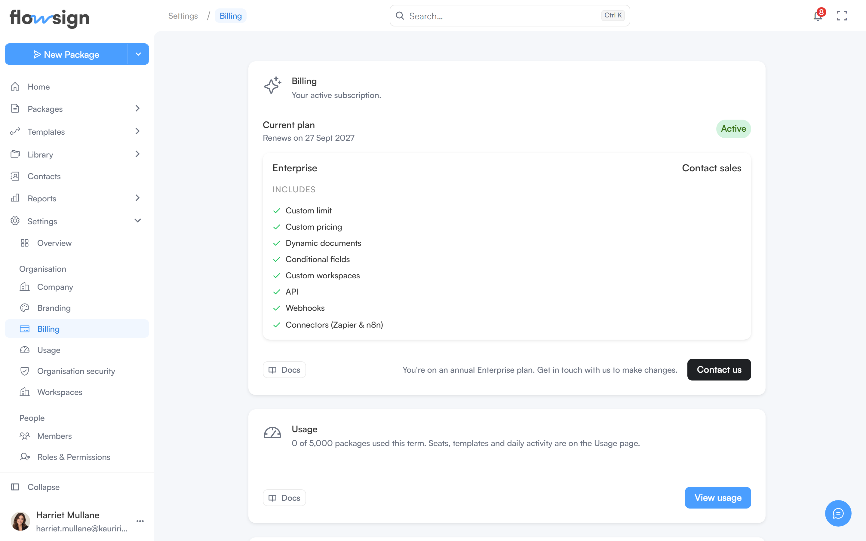 The billing settings page showing the active plan and usage